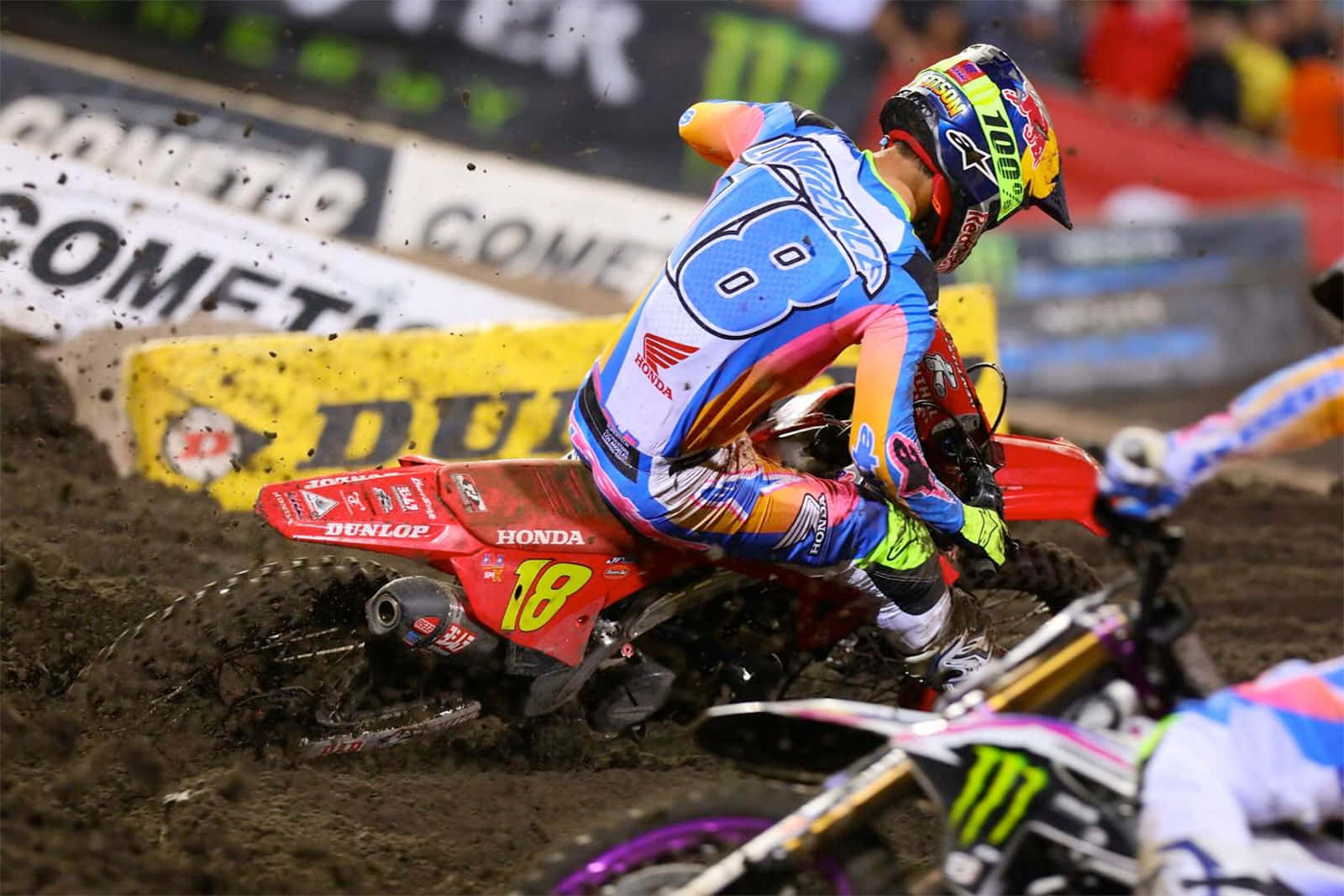 Jett Lawrence, blue and orange gear, red Honda dirt bike, HD Desktop Wallpaper