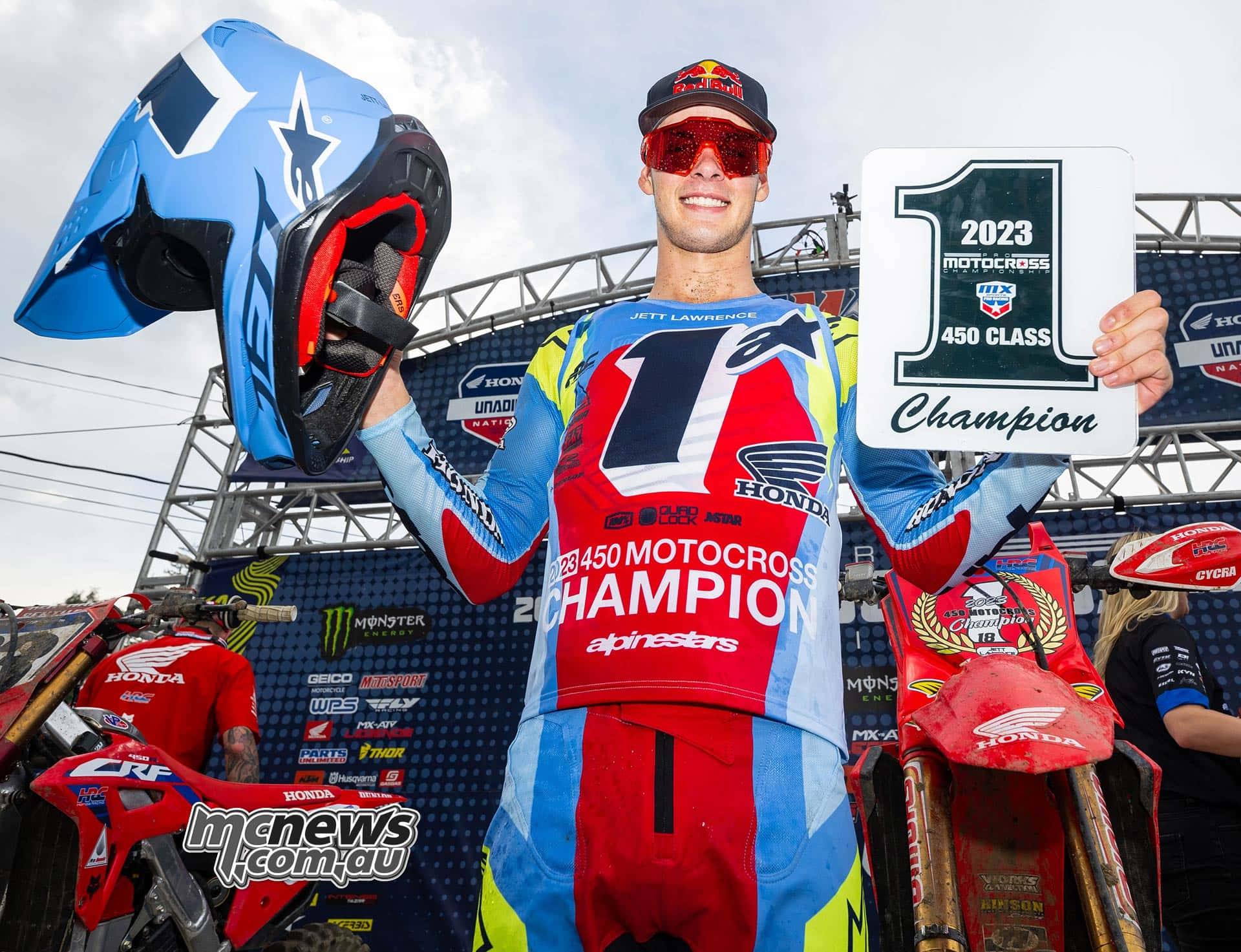 Jett Lawrence, 2023 Motocross 450 Class Champion, blue helmet, Full HD Desktop Wallpaper