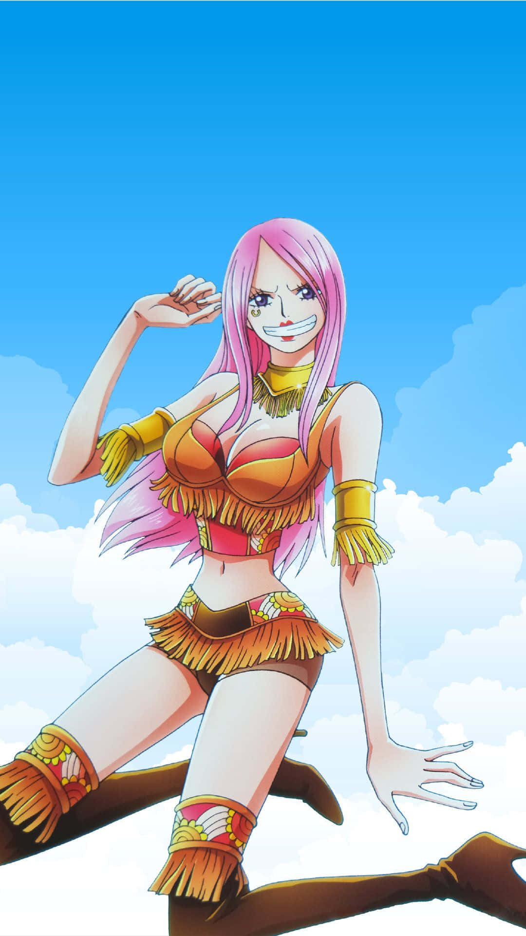 Jewelry Bonney, pink-haired anime girl, fringed orange outfit, Full HD Phone Wallpaper