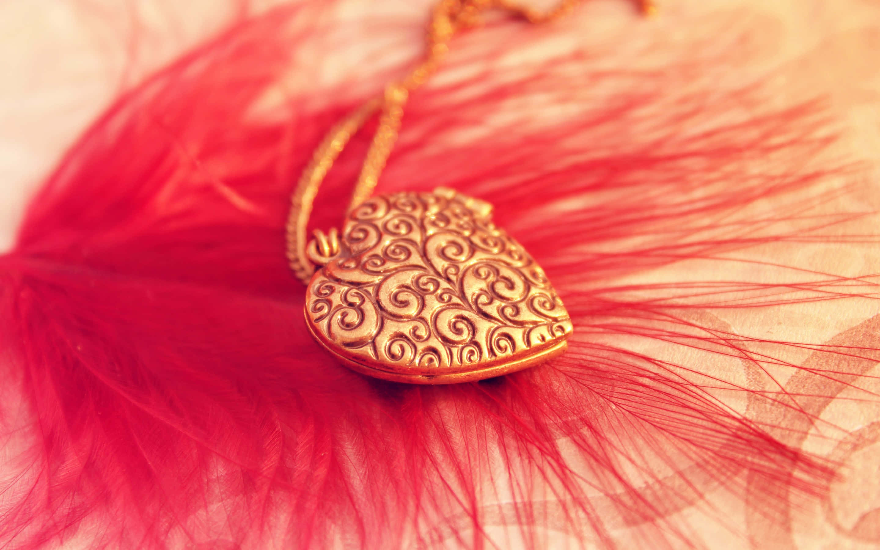 golden heart-shaped locket, swirling patterns, vibrant red feather, 2K Desktop Wallpaper