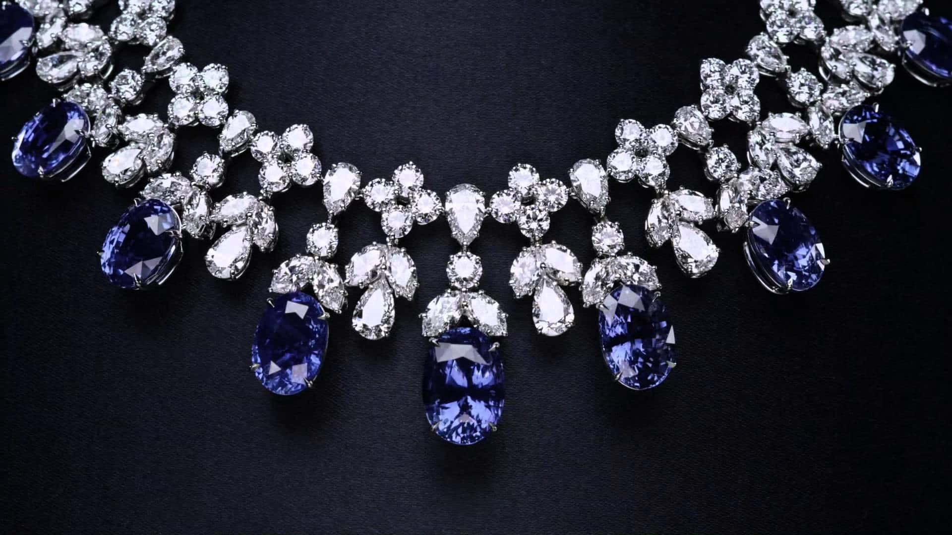 deep blue sapphires, sparkling diamonds, black velvet background, Full HD Desktop Wallpaper