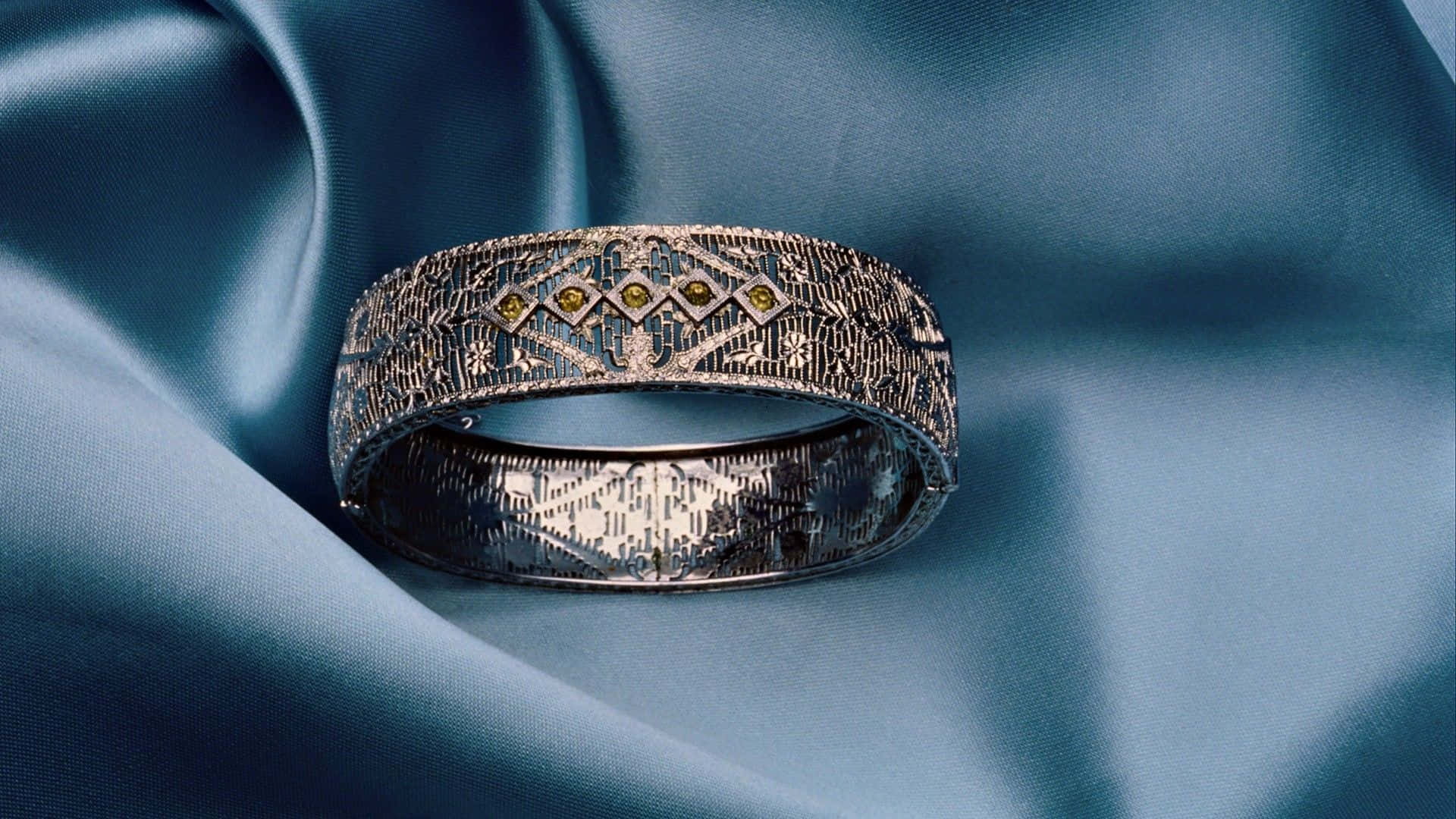 silver bracelet, golden gemstones, blue satin fabric, Full HD Desktop Wallpaper