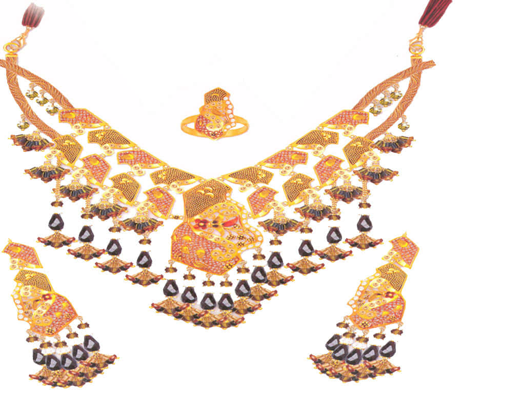 gold jewelry set, intricate patterns, dangling black gemstones, SD Desktop Wallpaper