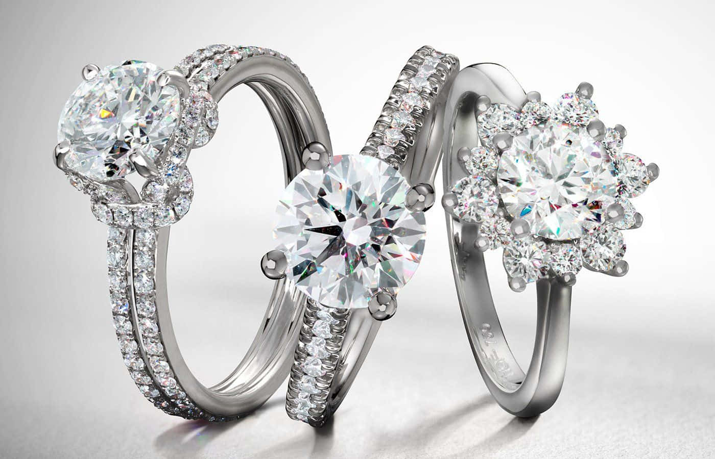 diamond rings, intricate settings, soft gray background, HD Desktop Wallpaper