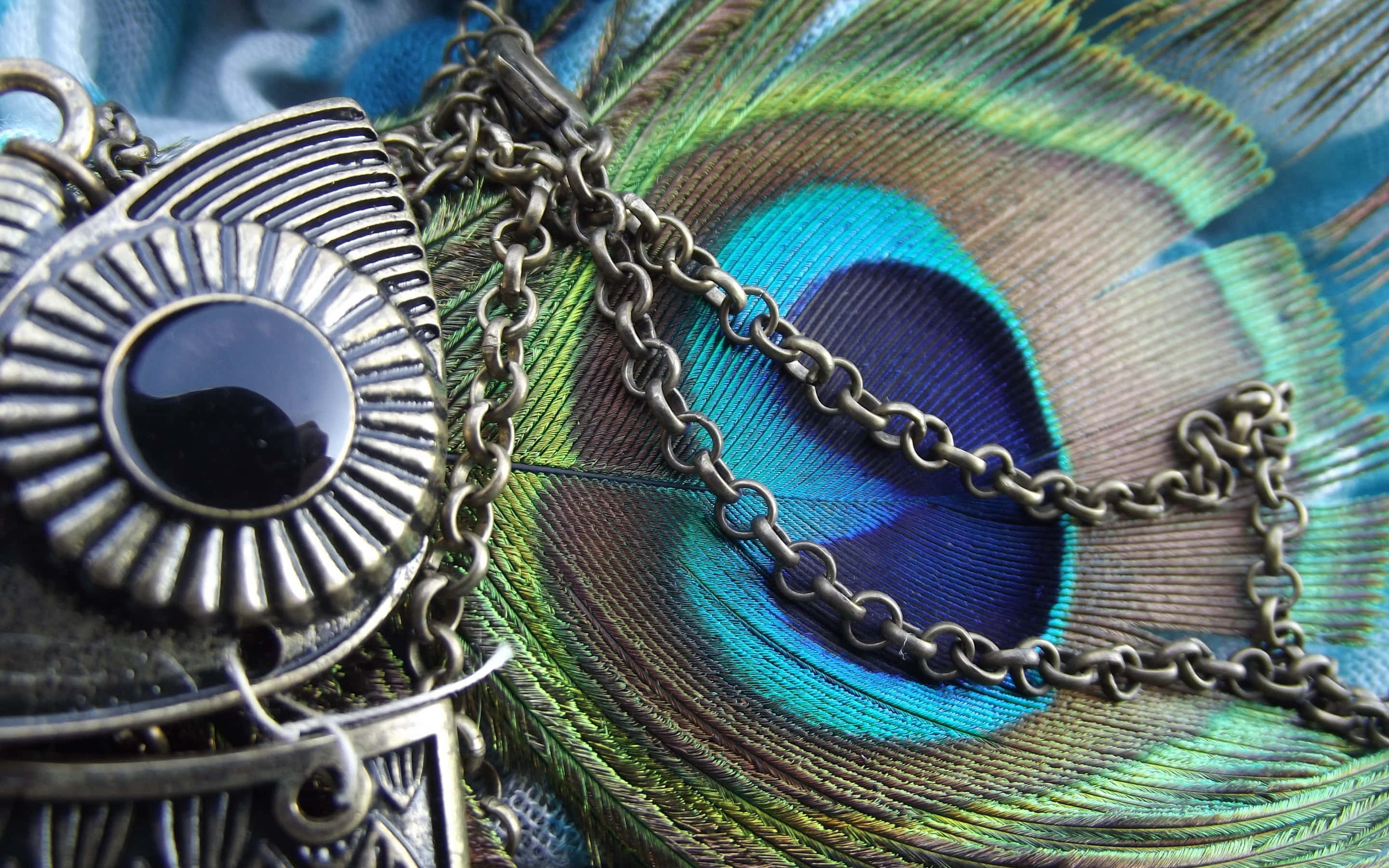 silver jewelry, black stone, vibrant blue green peacock feather, 2K Desktop Wallpaper