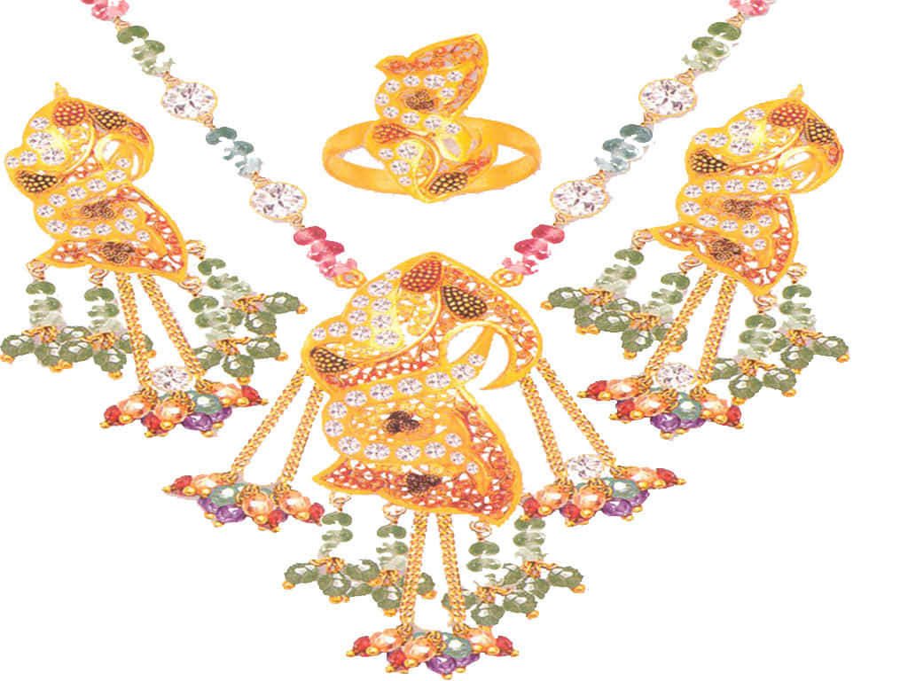 vibrant gold jewelry set, intricate butterfly designs, colorful gemstone accents, SD Desktop Wallpaper