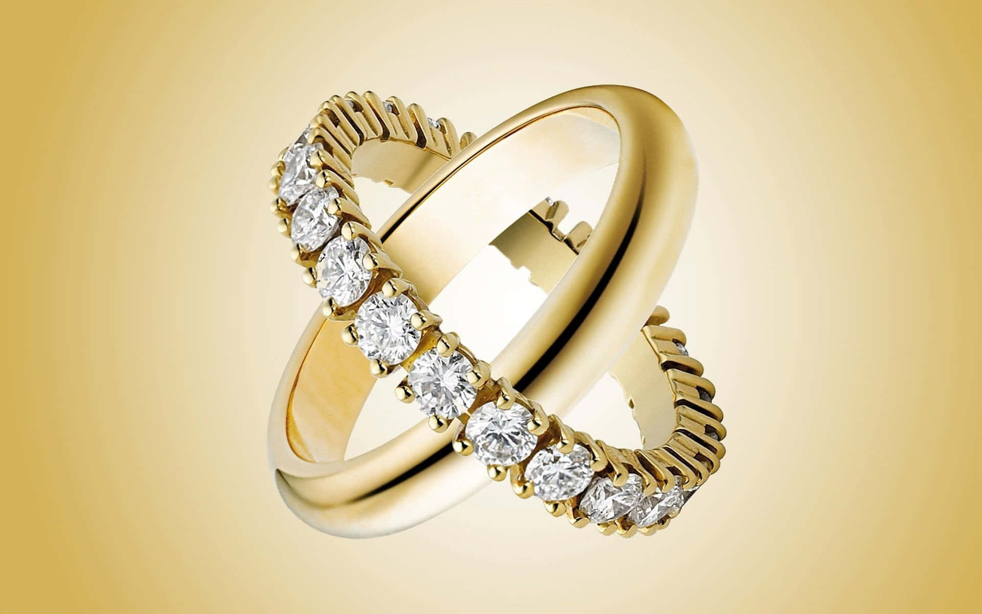 gold wedding bands, sparkling diamonds, warm golden gradient background, Full HD Desktop Wallpaper