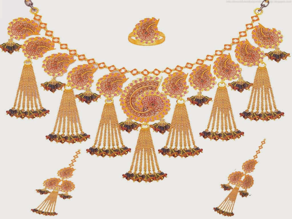 gold jewelry set, intricate paisley designs, dangling tassels, SD Desktop Wallpaper