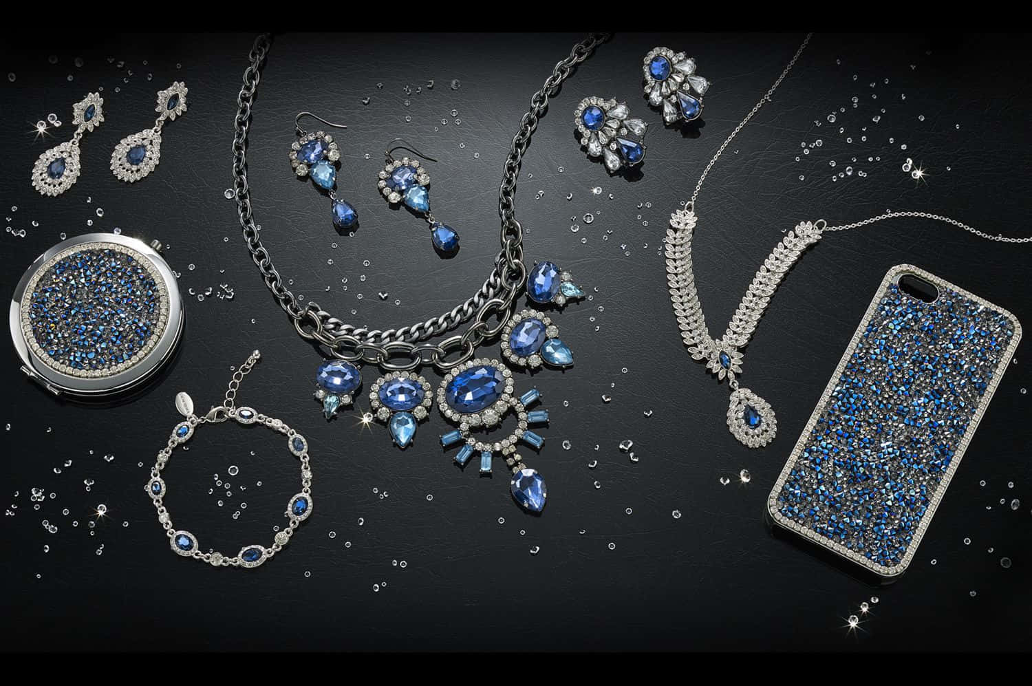 blue gemstone jewelry, glittering phone case, dark surface, HD Desktop Wallpaper