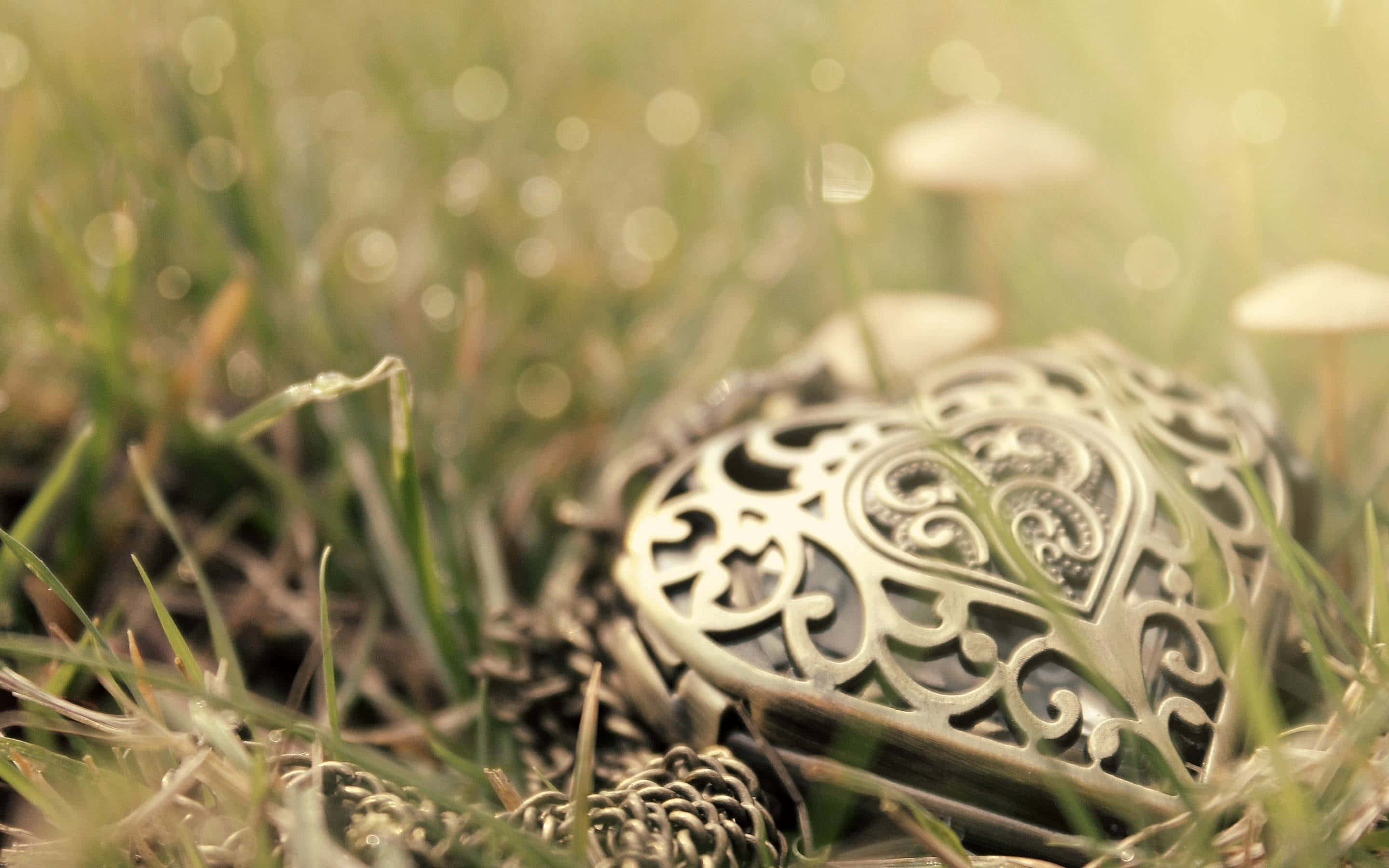 metallic heart, intricate filigree, sunlit grass, 2K Desktop Wallpaper
