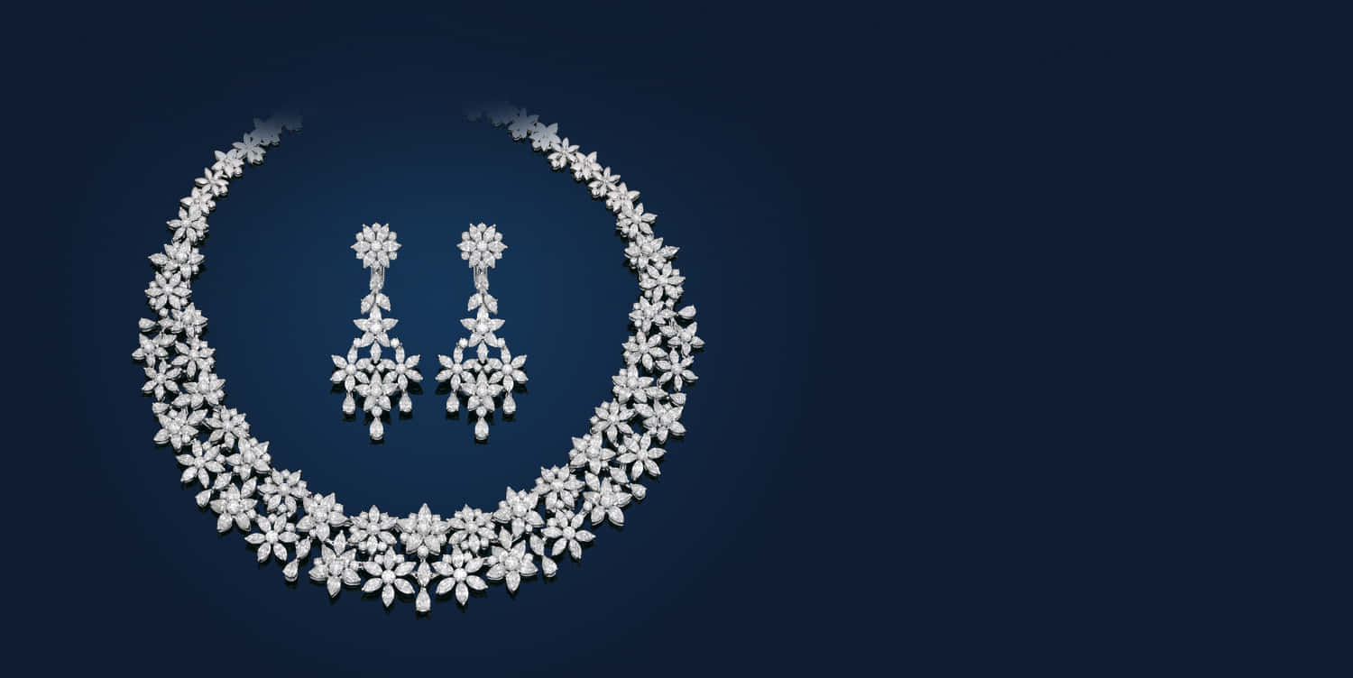 diamond necklace, matching earrings, floral pattern, HD Desktop Wallpaper
