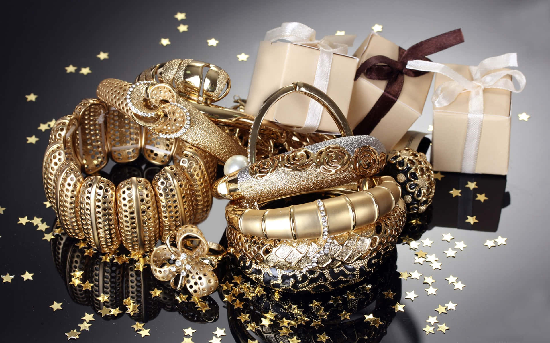 shiny gold jewelry, gift boxes, star confetti, Full HD Desktop Wallpaper