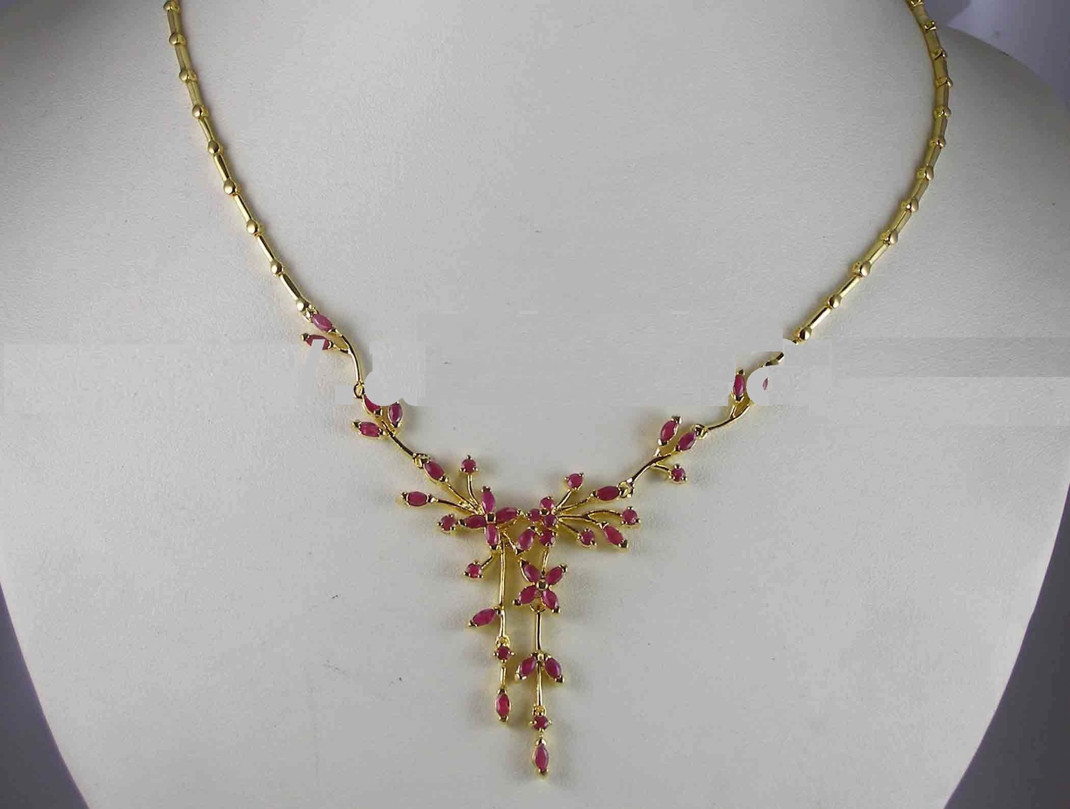 gold necklace, pink gemstones, blossoming branches, Full HD Desktop Wallpaper