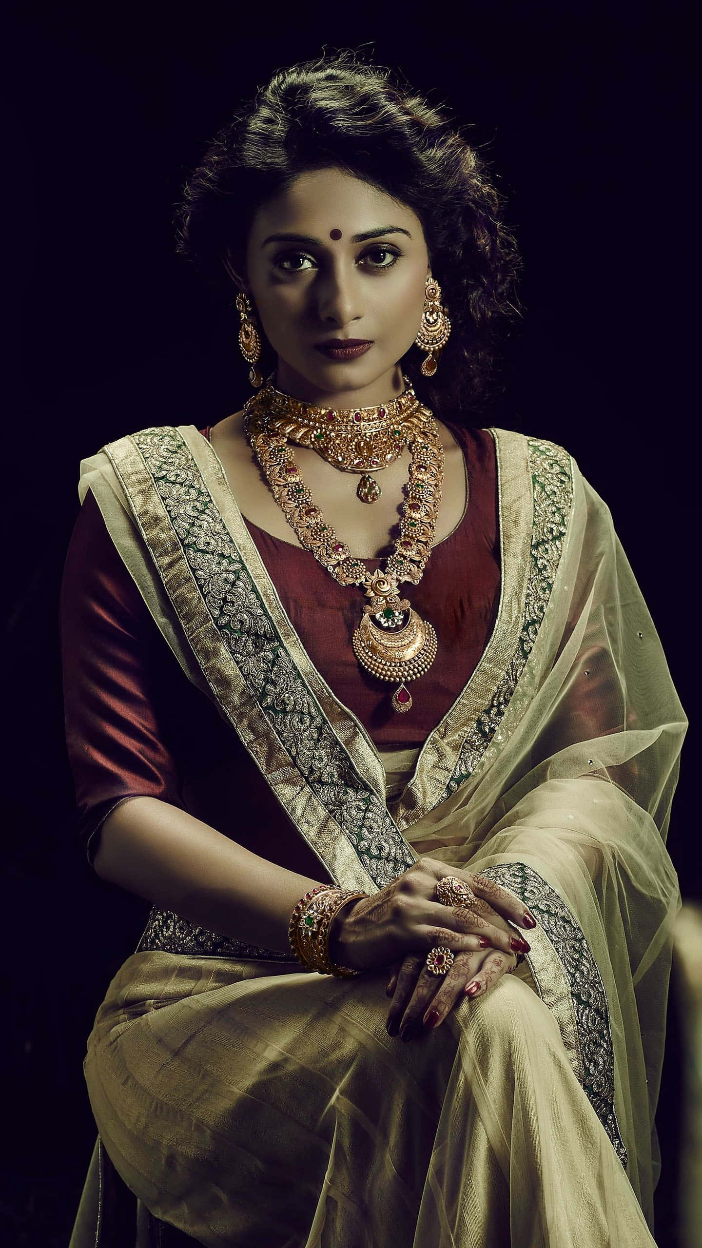 Elegant Indian Woman, sari dress, ornate traditional attire, 2K Phone Wallpaper
