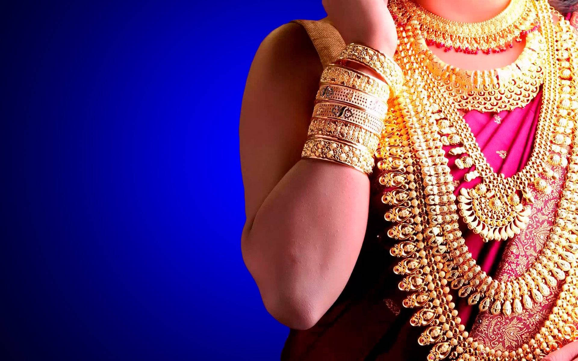 intricate gold jewelry, deep blue background, luxurious intricate design necklaces, Full HD Desktop Wallpaper