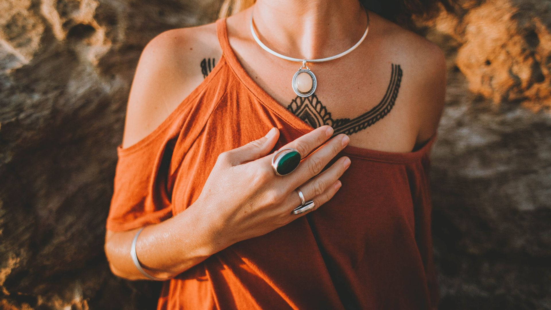 turquoise ring, geometric tattoo, orange top, Full HD Desktop Wallpaper