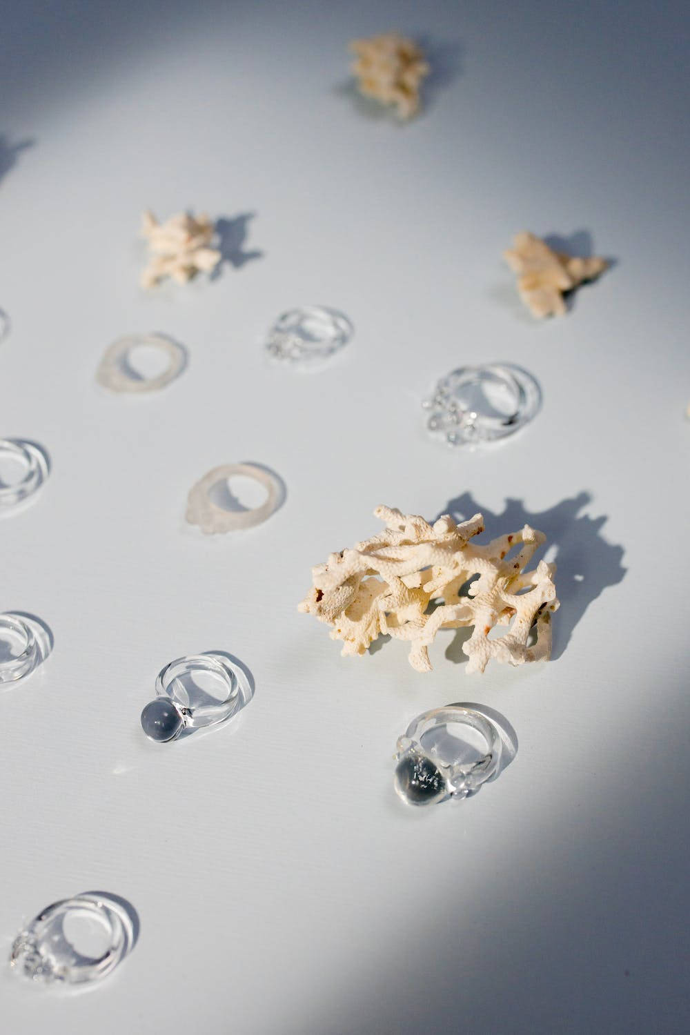 glass rings, coral fragments, bright white surface, HD Phone Wallpaper