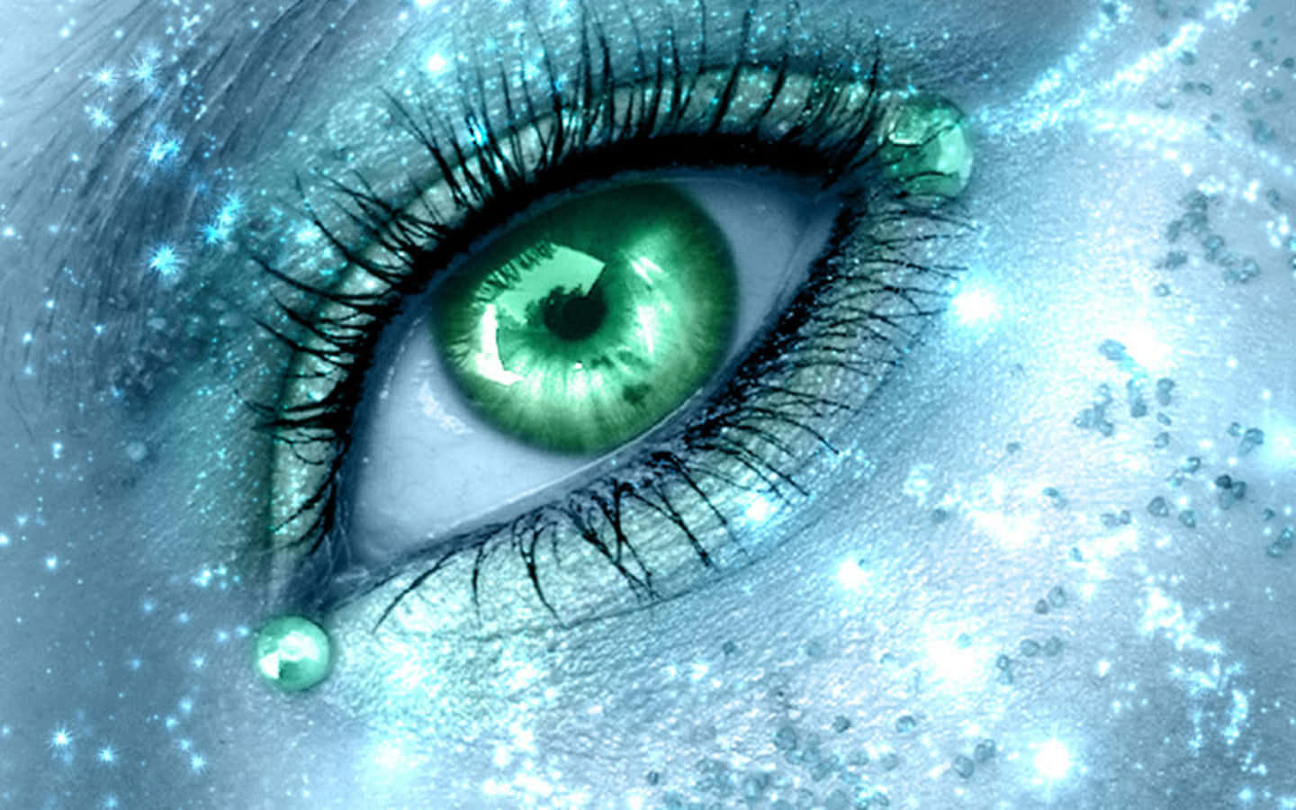 glowing green eye, sparkling blue cosmic dust, glittering teardrops, HD Desktop Wallpaper