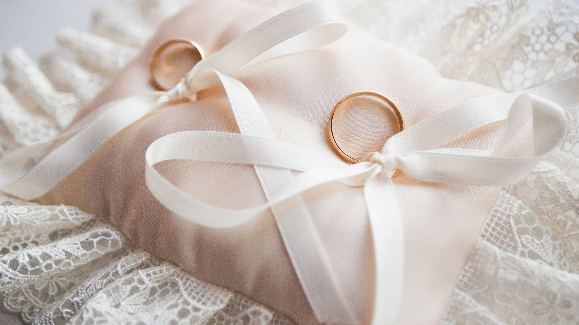 gold wedding rings, blush pink pillow, white ribbon, Full HD Desktop Wallpaper
