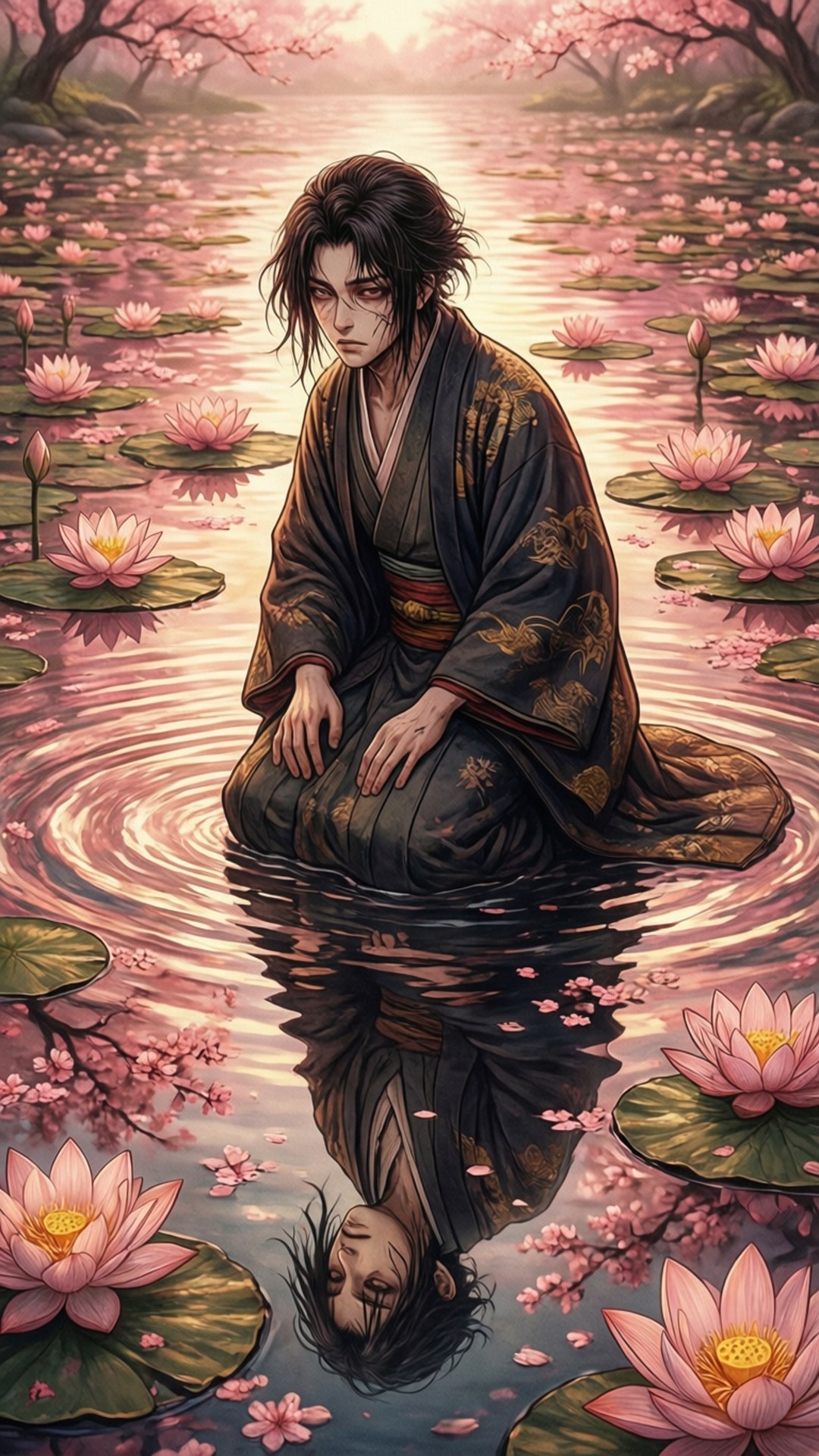 Jhin, pond, cherry blossom reflections, Full HD Phone Wallpaper