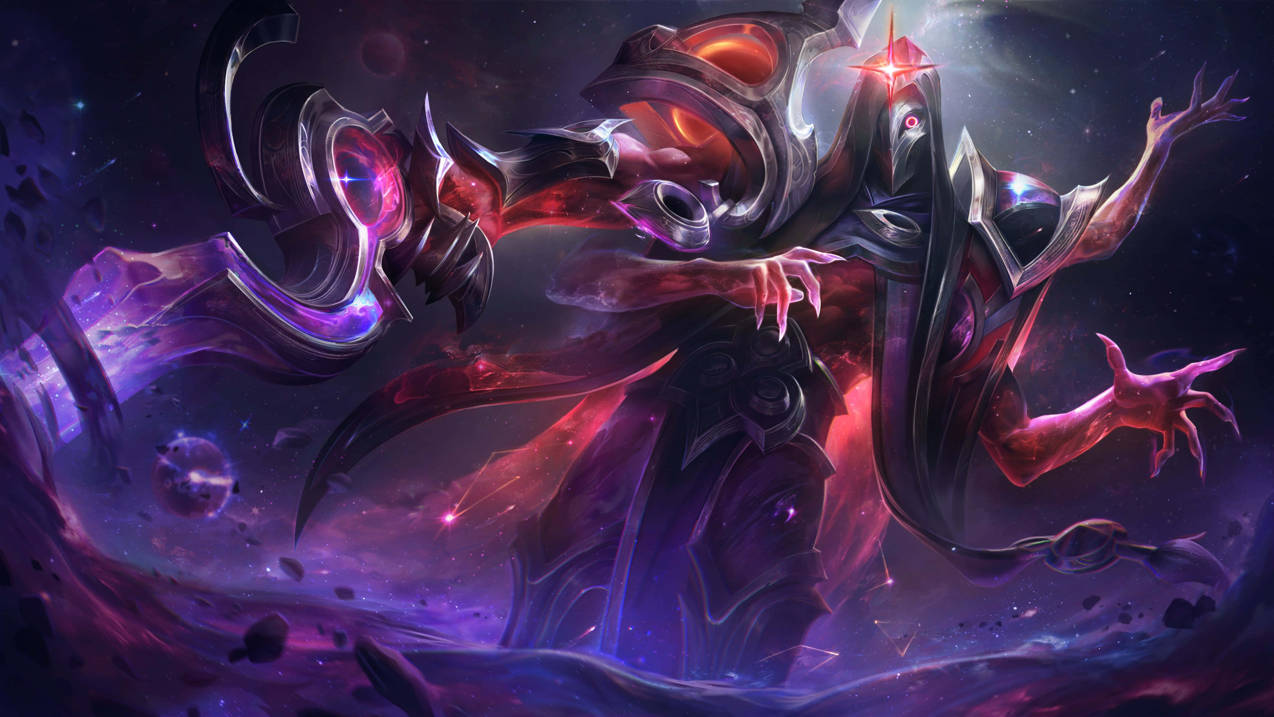 Jhin, cosmic armored warrior, glowing red eyes, 4K Desktop Wallpaper
