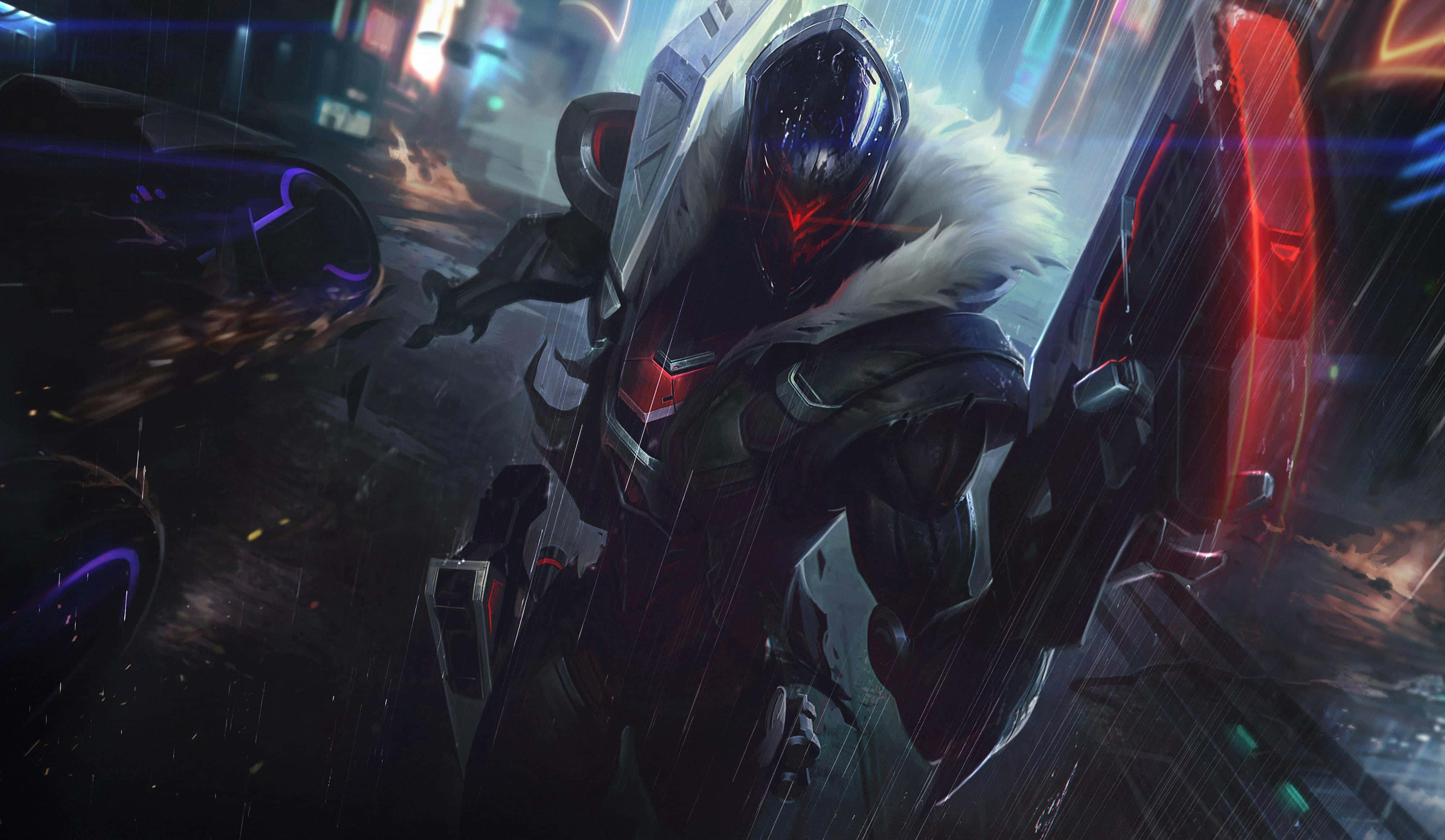 Jhin, neon-drenched, rainy, 4K Desktop Wallpaper