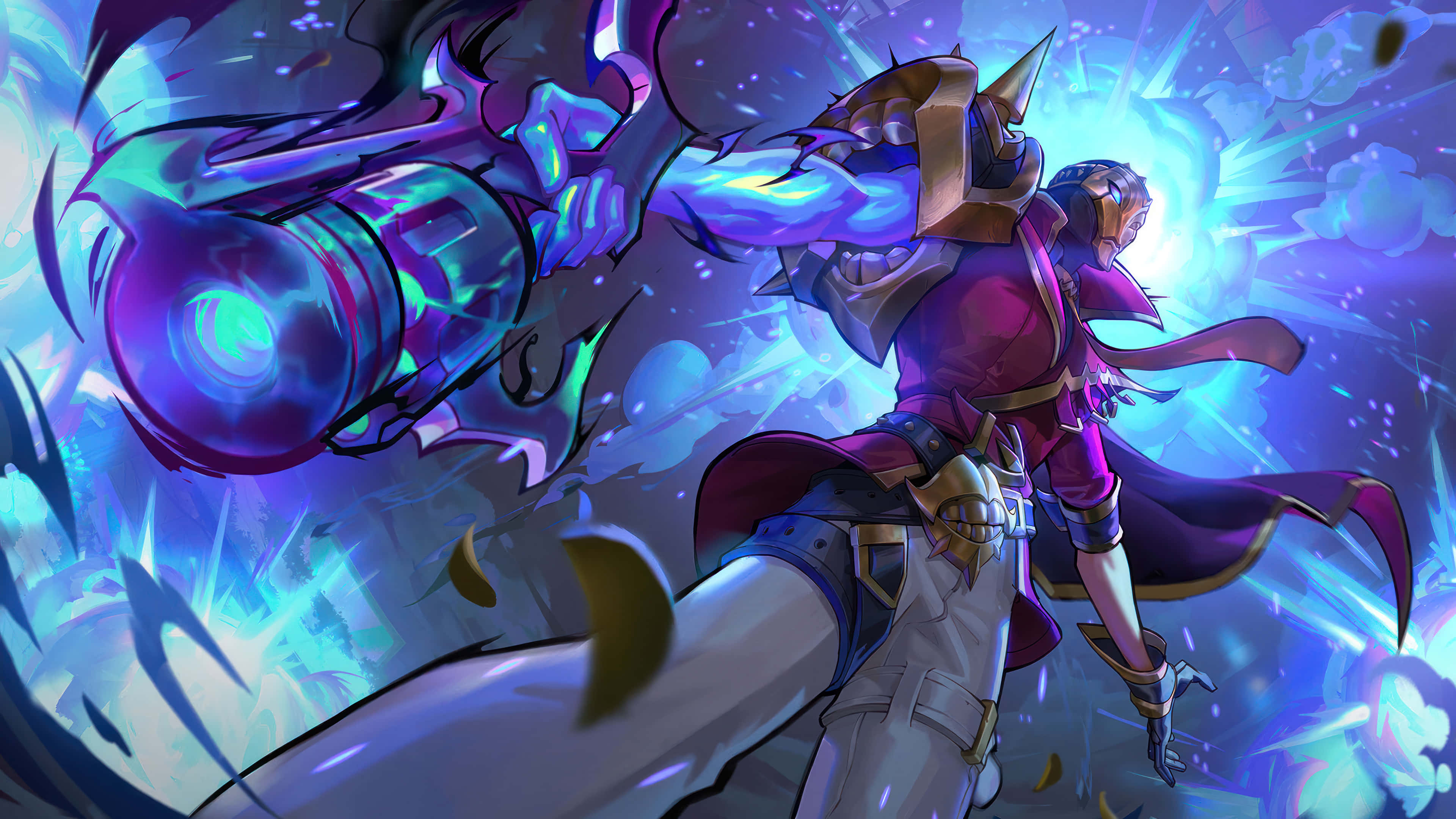 Jhin, purple armor, glowing blue energy cannon, 4K Desktop Wallpaper