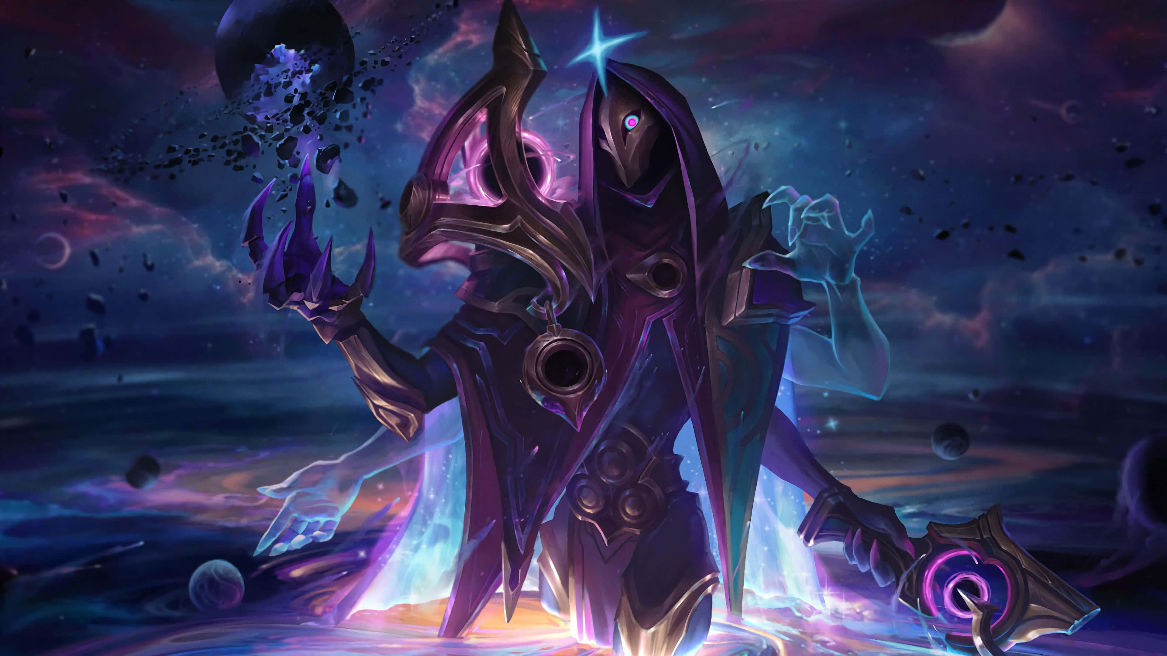 Jhin, cosmic debris, starry nebula sky, 4K Desktop Wallpaper