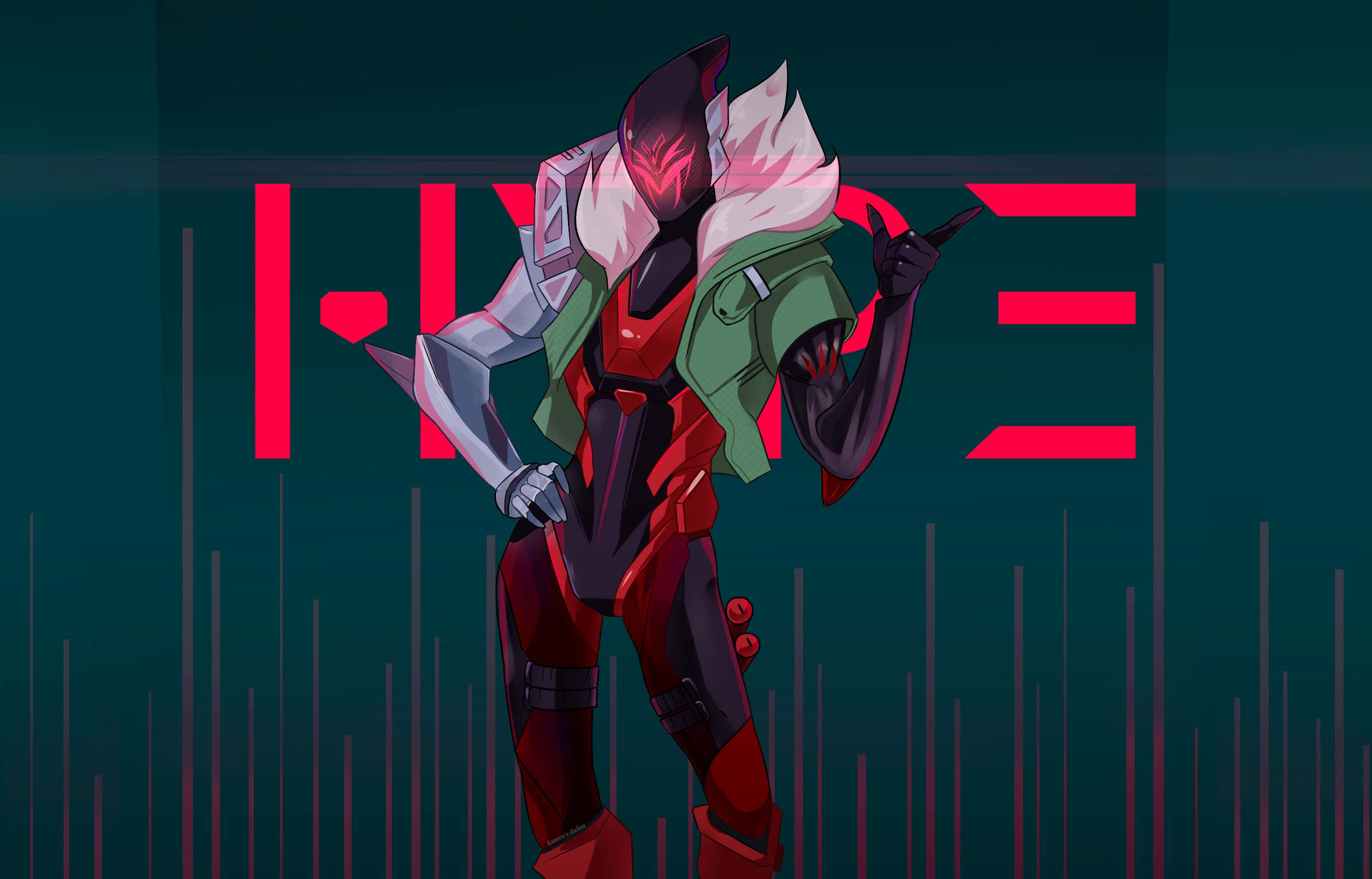 Jhin, red and green armor, dark teal background, 2K Desktop Wallpaper