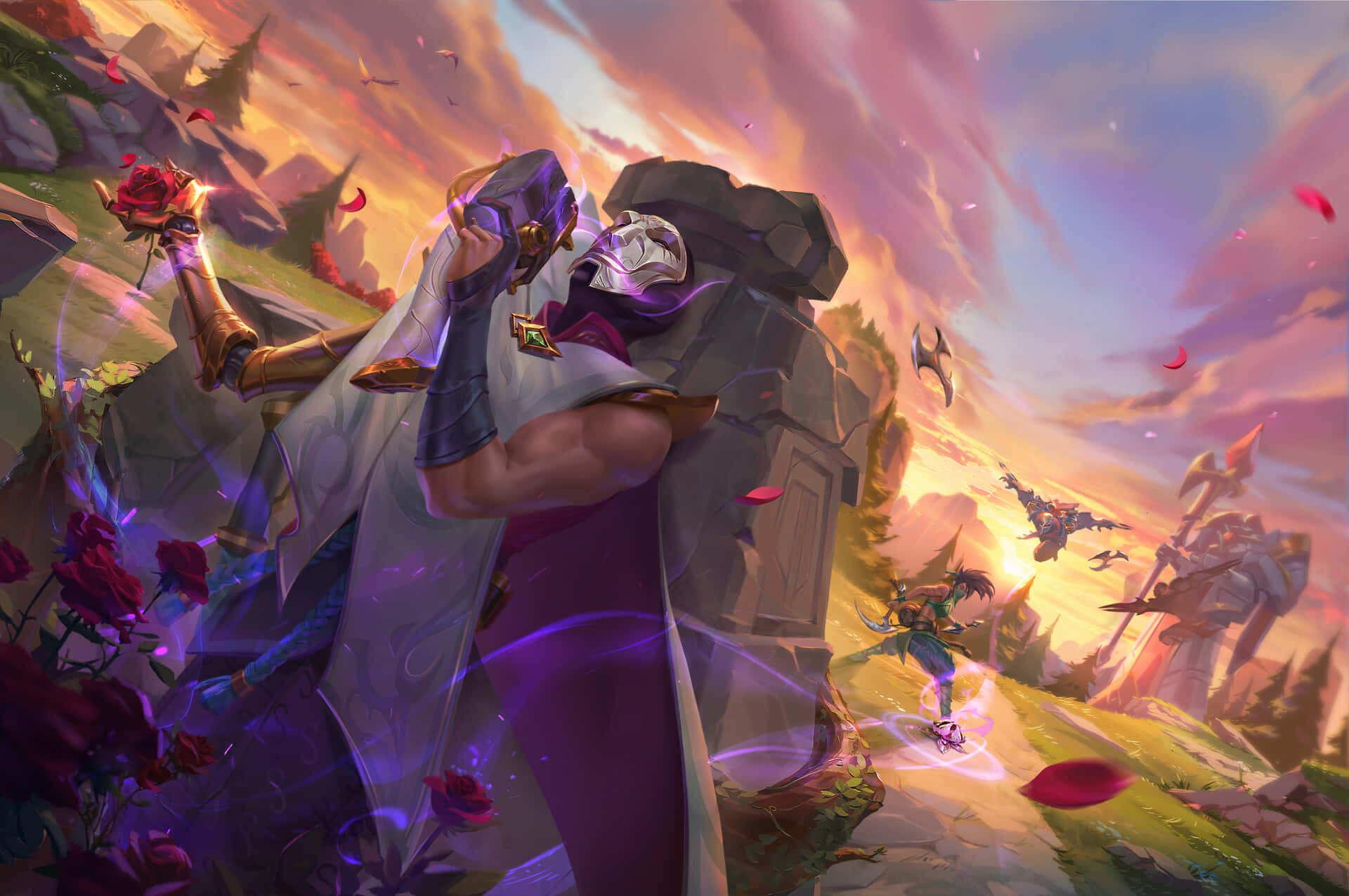 Jhin, purple and white armor, glowing rose, Full HD Desktop Wallpaper