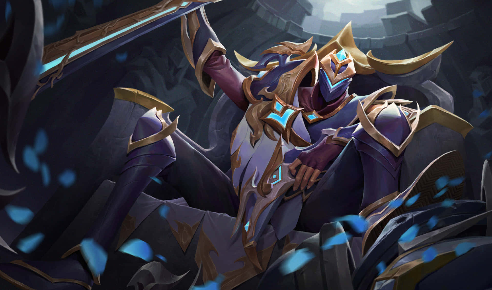 Jhin, golden horns, glowing blue accents, Full HD Desktop Wallpaper