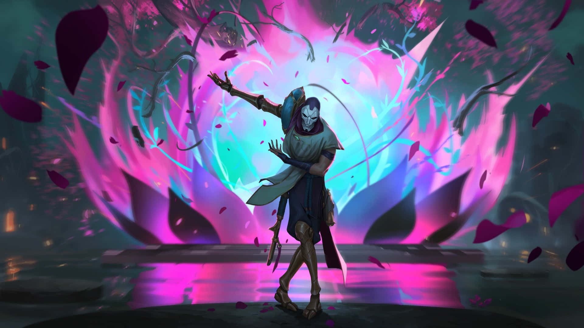 Jhin, masked warrior, pink and cyan energy, Full HD Desktop Wallpaper