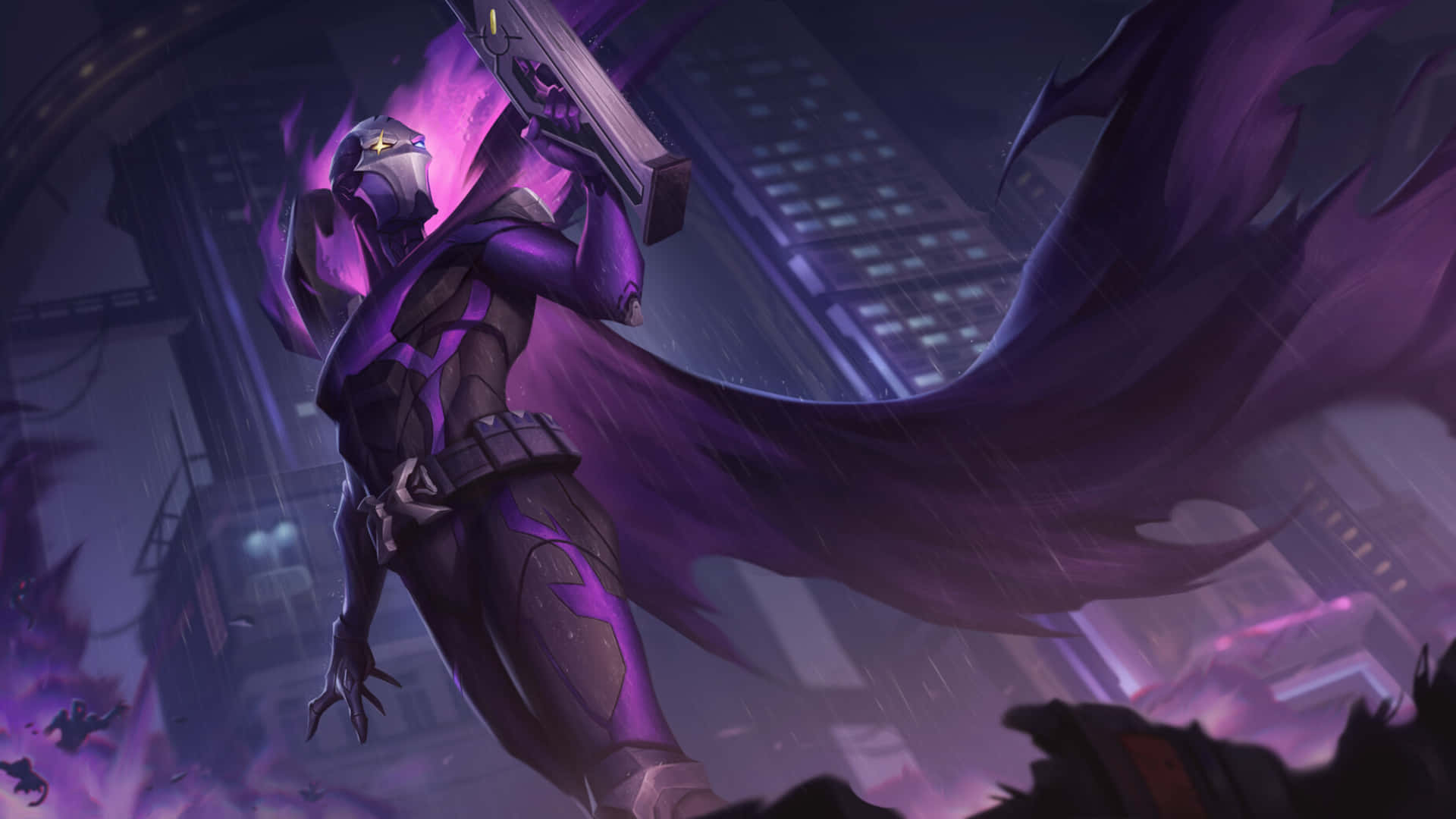 Jhin, purple-clad masked warrior, flowing cape, Full HD Desktop Wallpaper