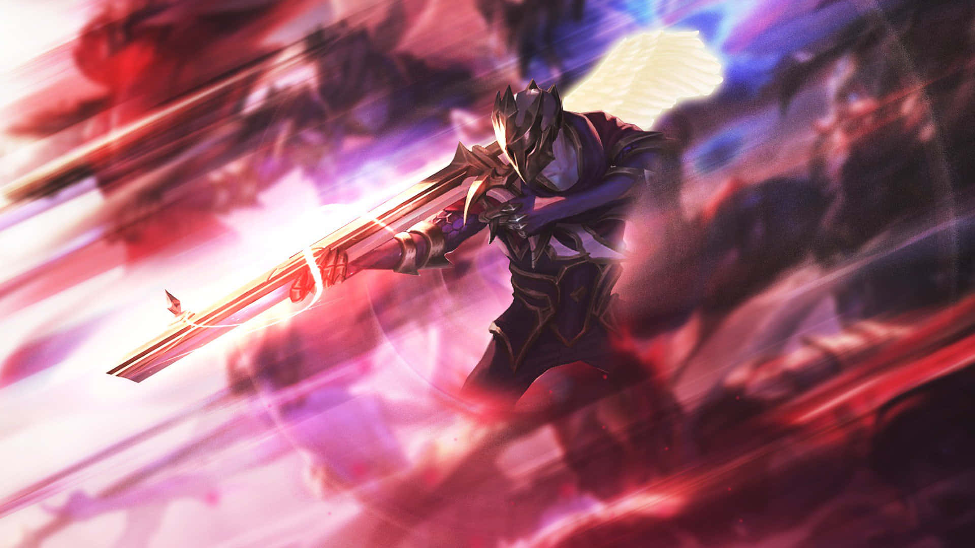 Jhin, glowing wings, radiant sword, Full HD Desktop Wallpaper