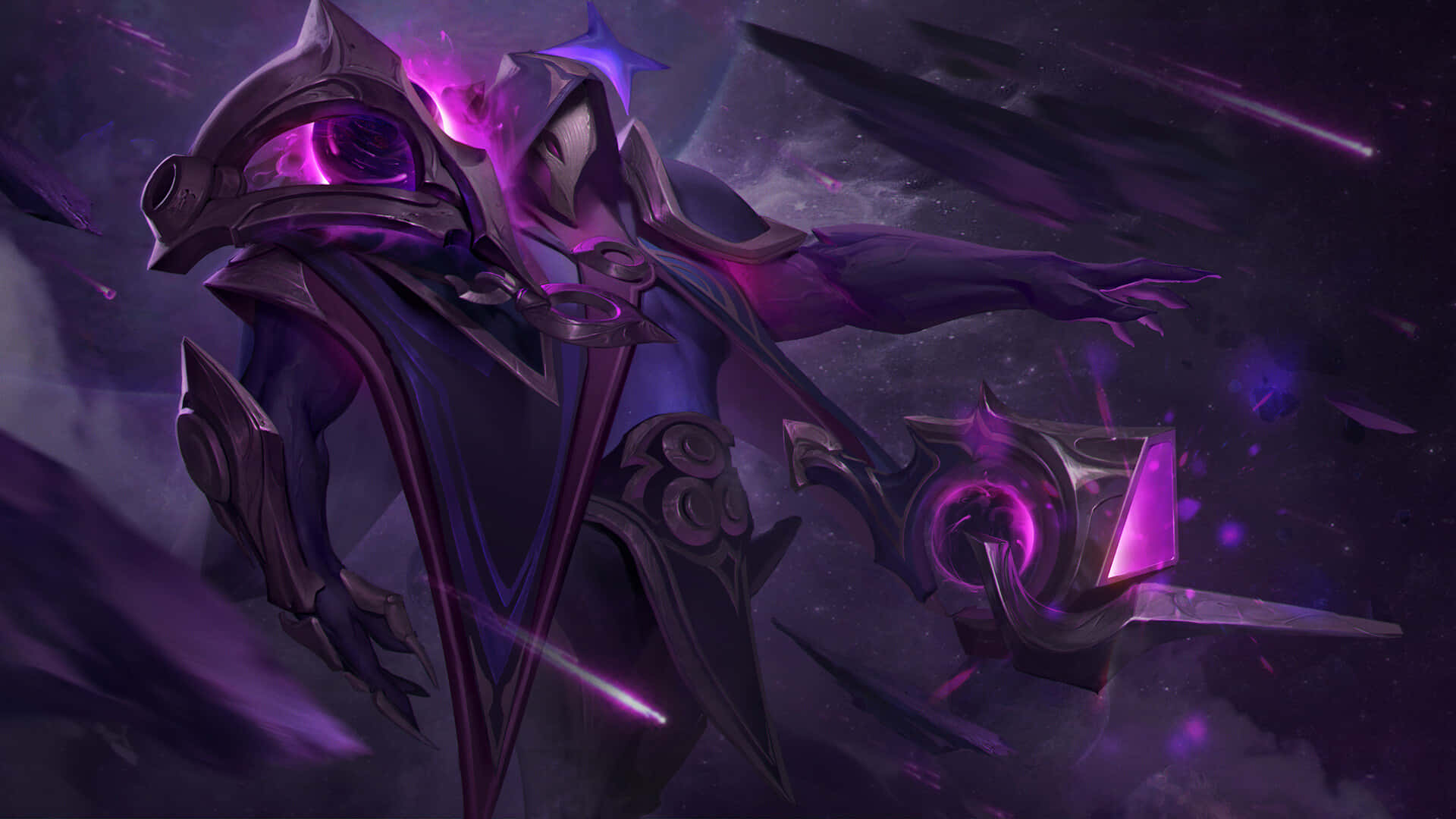 Jhin, glowing purple eyes, energy blades, Full HD Desktop Wallpaper