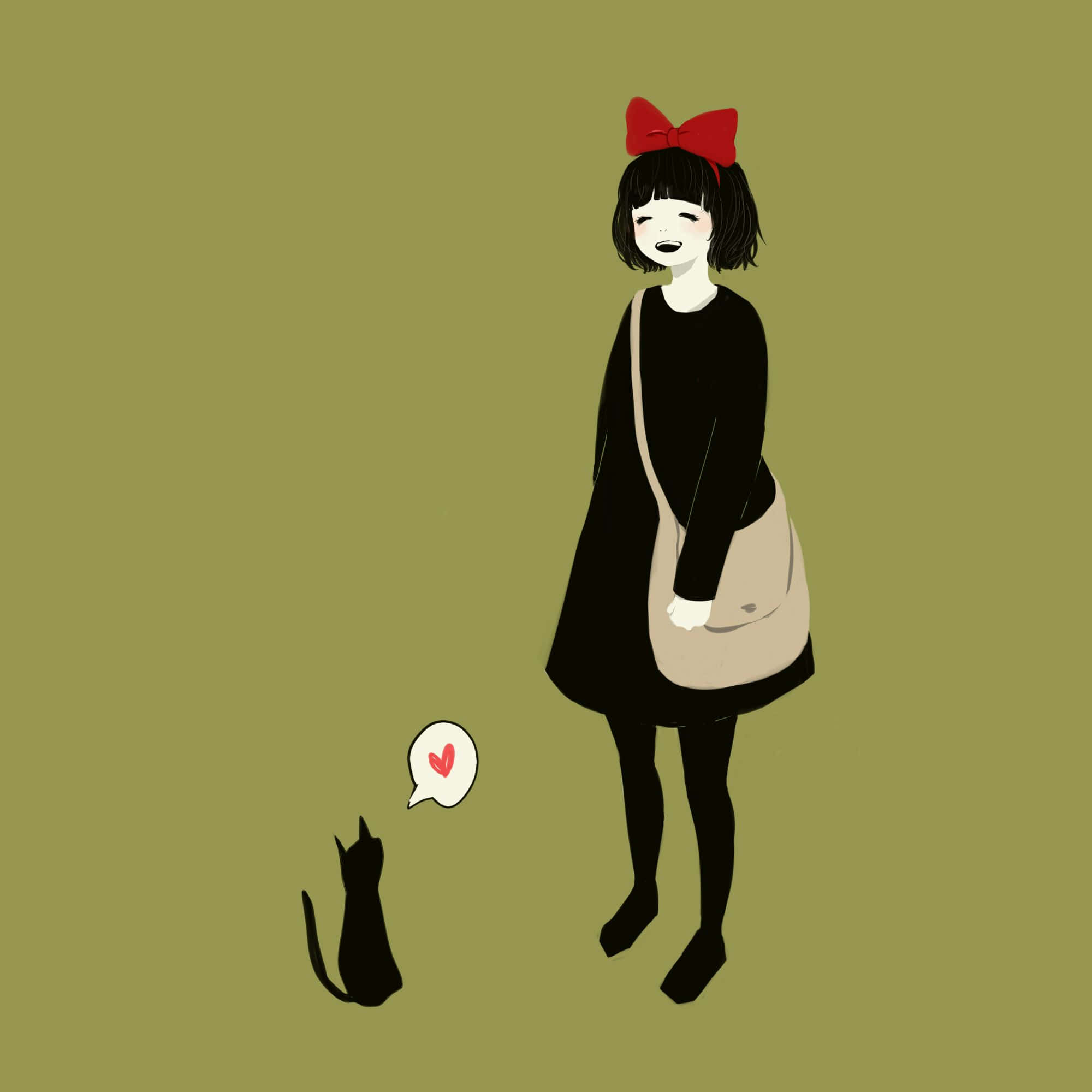 Jiji Cat, broomstick, red bow, Full HD Desktop Wallpaper