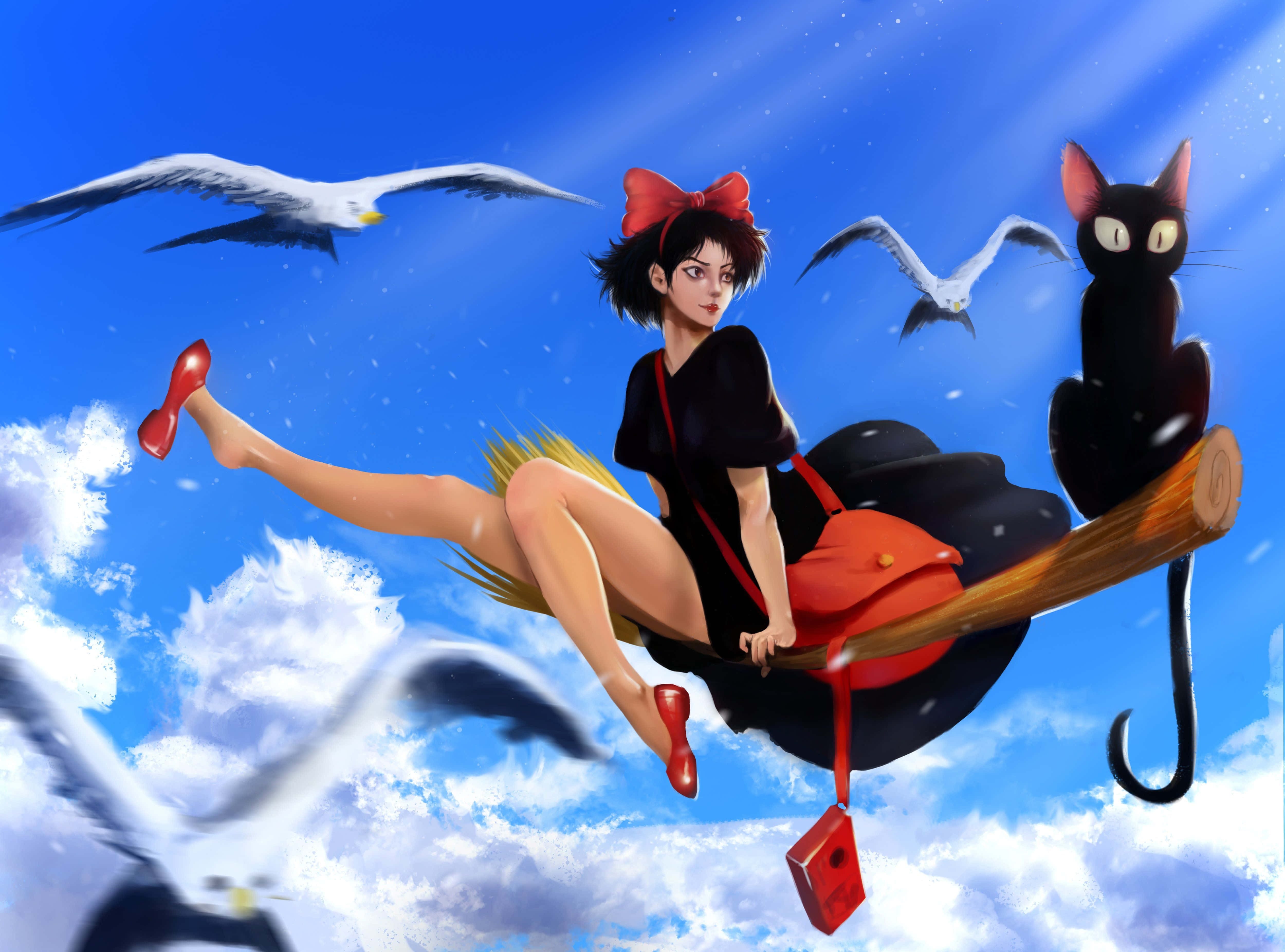 Jiji, black cat, mailbox, 4K Desktop Wallpaper