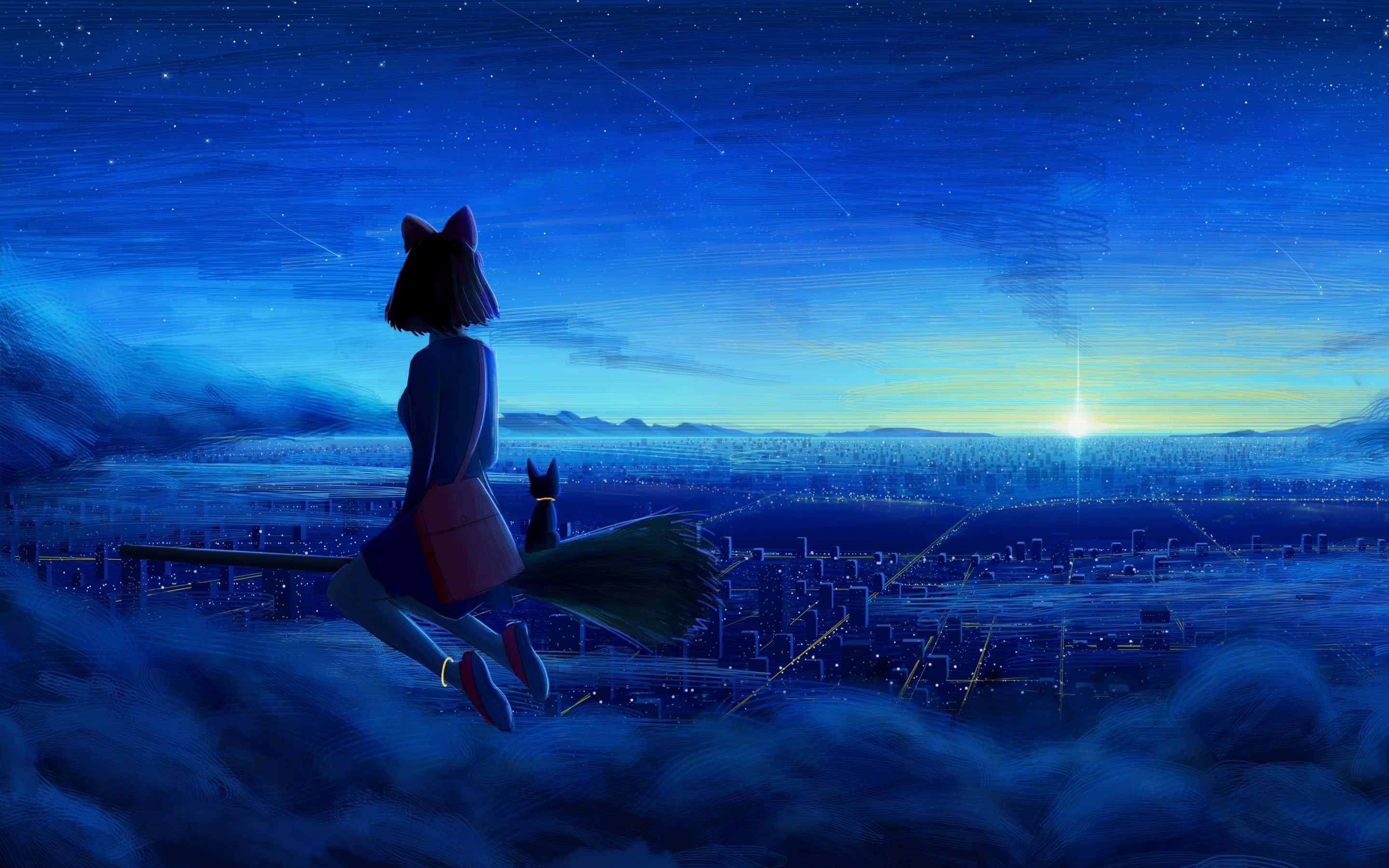 Jiji, black cat, broomstick, 2K Desktop Wallpaper