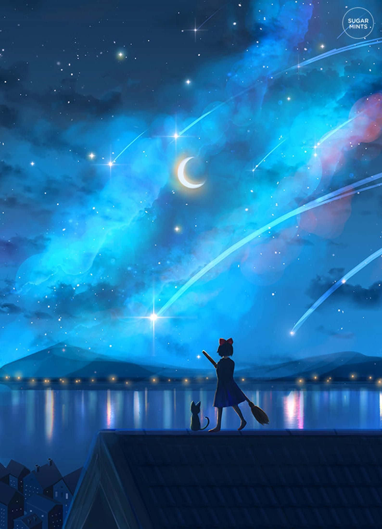 Jiji, black cat, vibrant blue starry sky, Full HD Phone Wallpaper