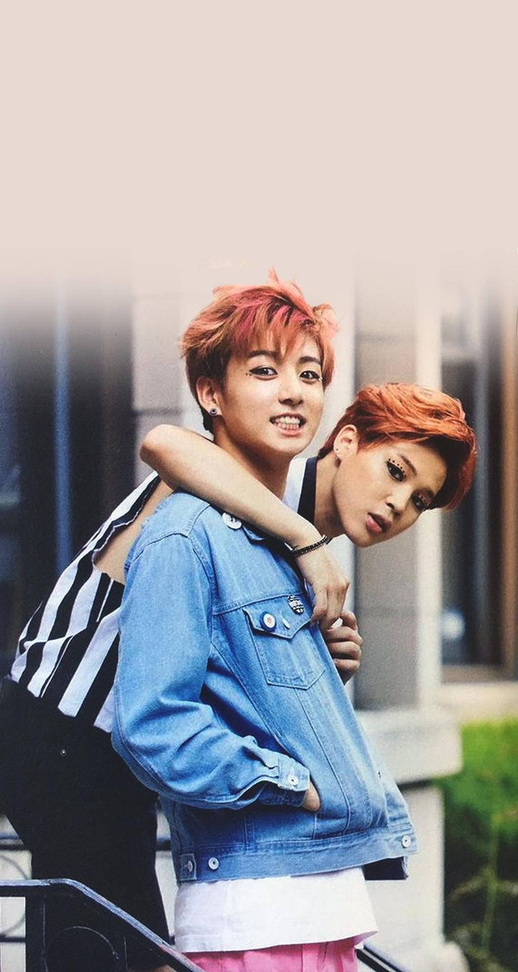 Jikook, vibrant red hair, outdoor stairs, Full HD Phone Wallpaper