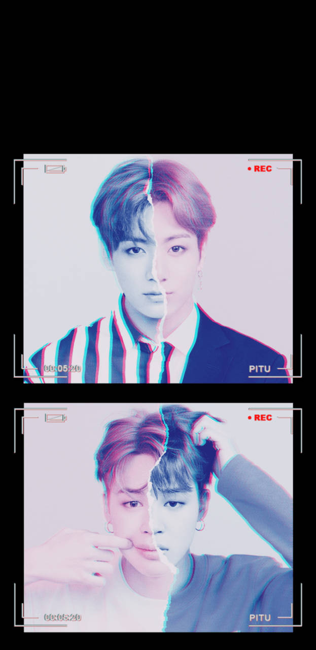 Jikook, split-screen portrait, glitchy color distortion, HD Phone Wallpaper