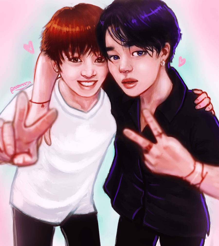 Jikook, peace sign, soft pastel gradient background, SD Phone Wallpaper