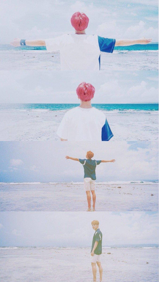 Jikook, pink hair, beach, SD Phone Wallpaper