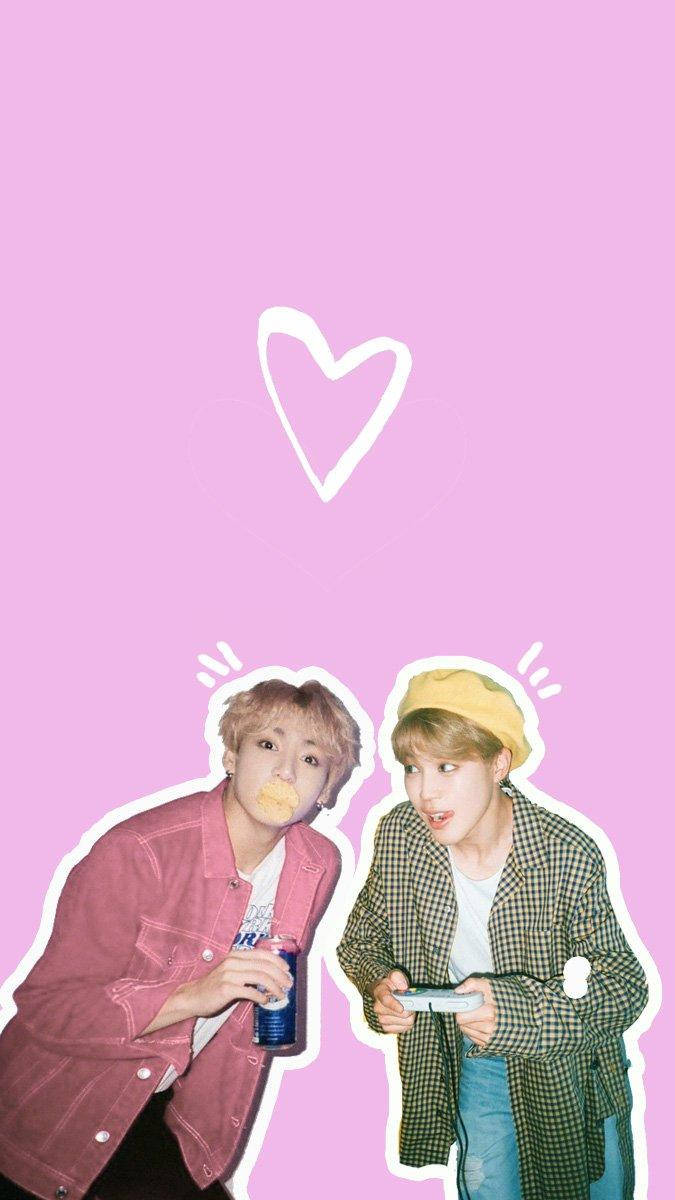 Jikook, pink background, white heart, SD Phone Wallpaper