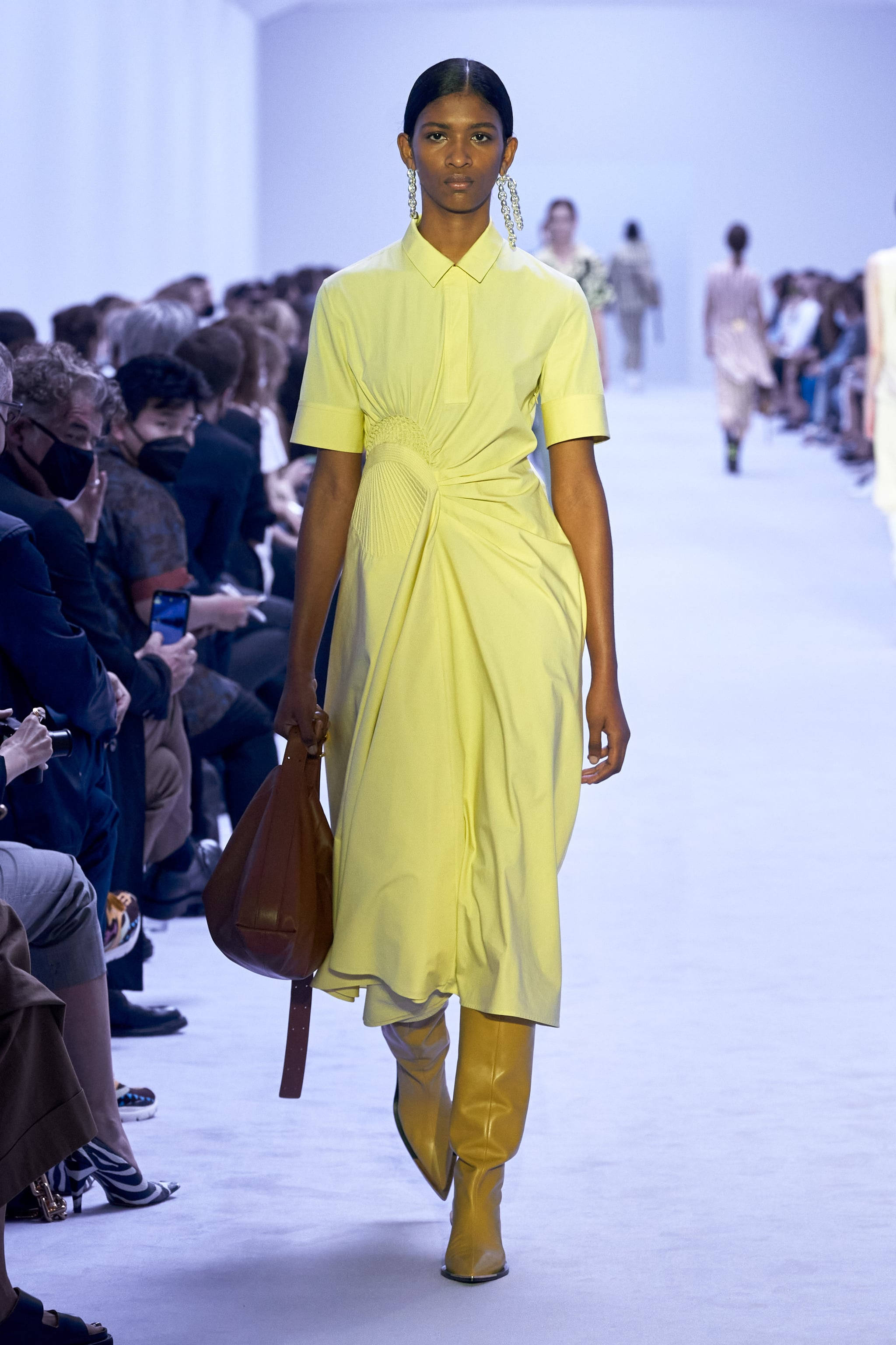 Jil Sander, yellow dress, matching boots, 2K Phone Wallpaper