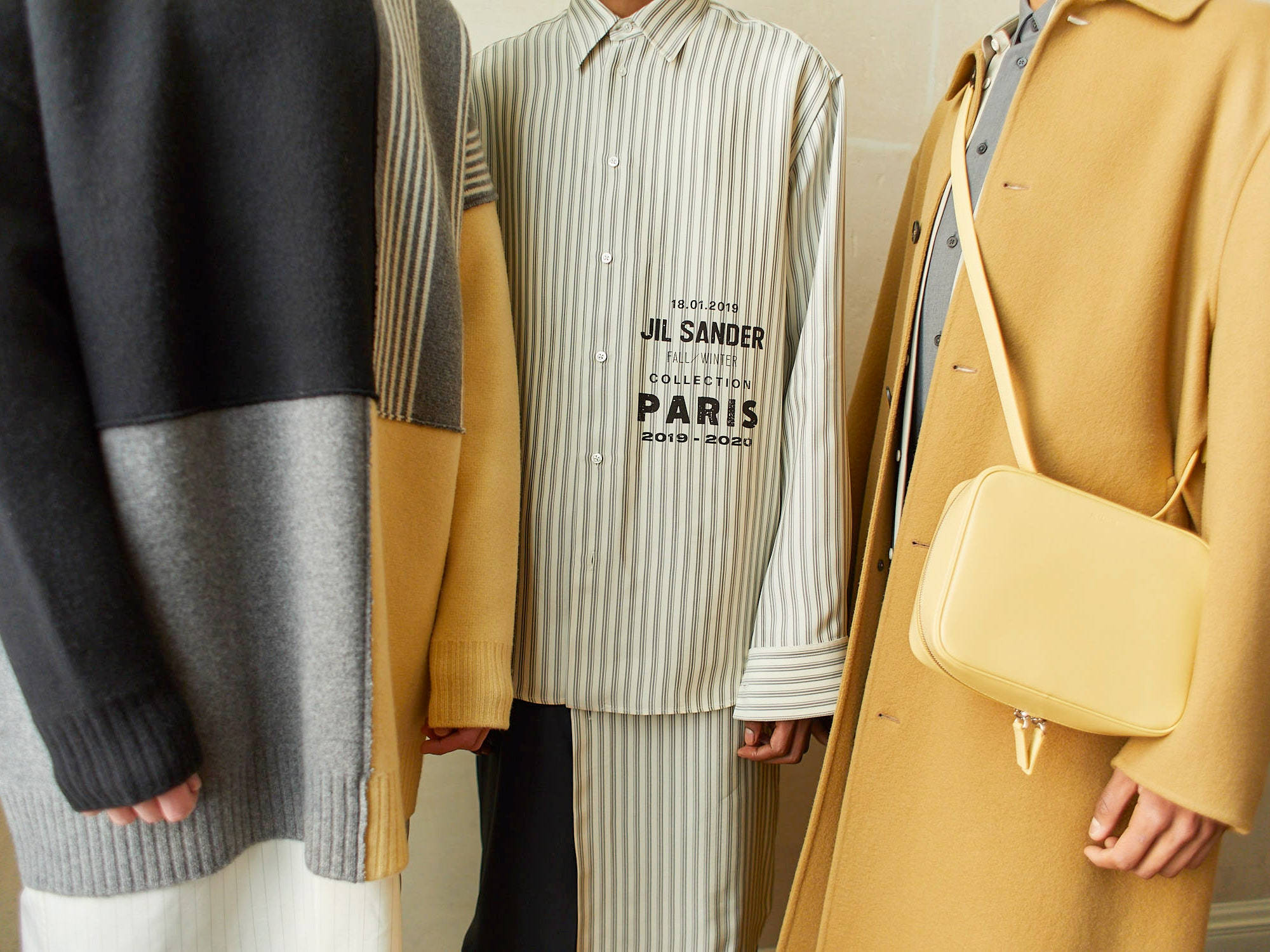 Jil Sander, yellow long coat, striped shirt, Full HD Desktop Wallpaper