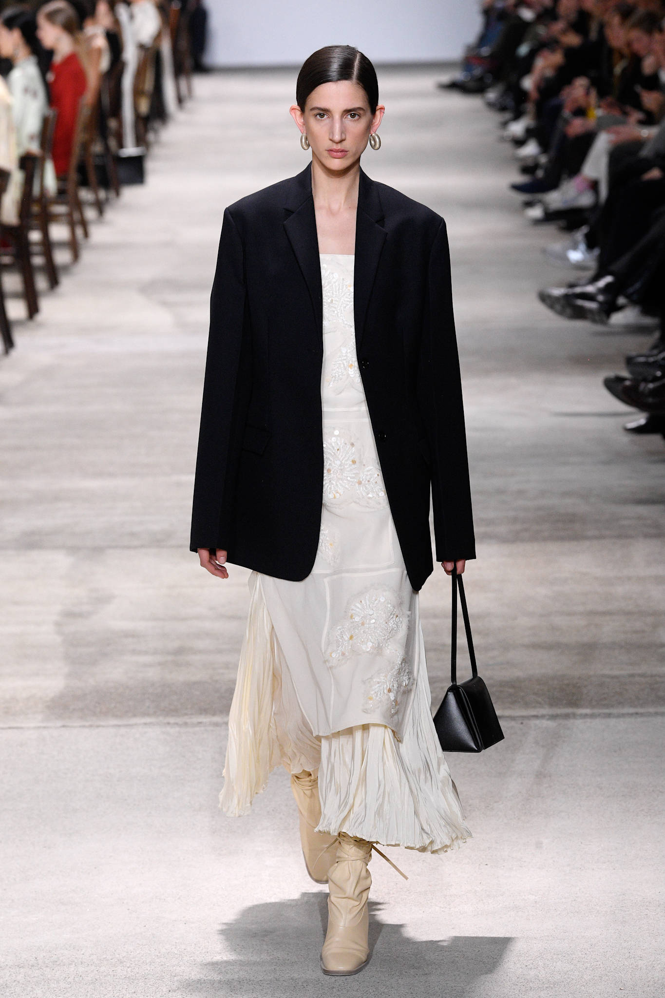 Jil Sander, black blazer, white embroidered dress, Full HD Phone Wallpaper
