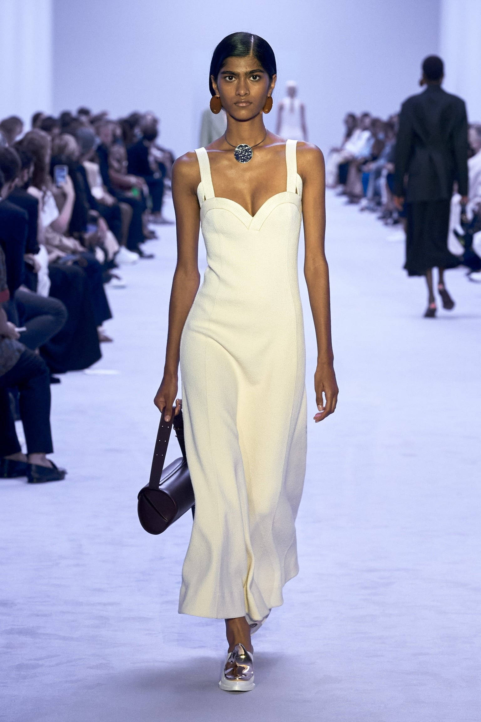 Jil Sander, long white dress, cream-colored dress, Full HD Phone Wallpaper