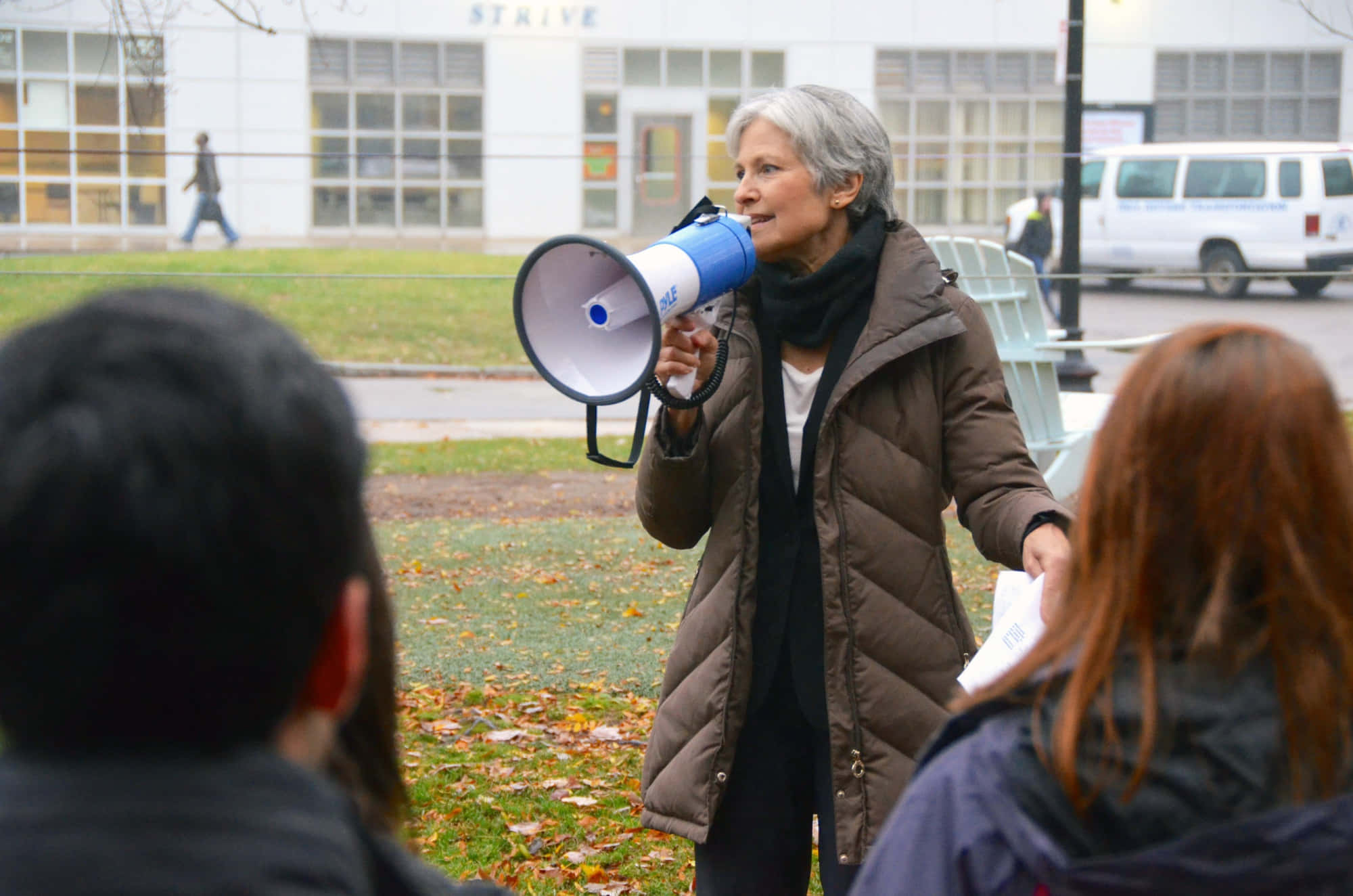 Jill Stein, blue megaphone, park, Full HD Desktop Wallpaper