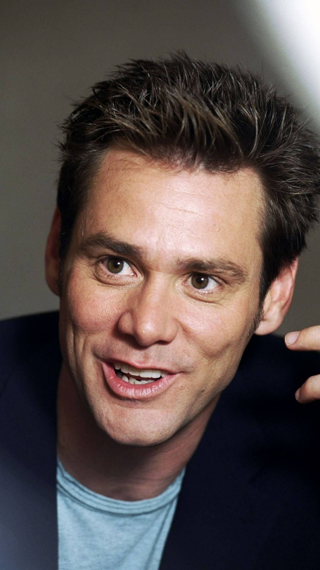Jim Carrey, blue jacket, light blue t-shirt, Full HD Phone Wallpaper